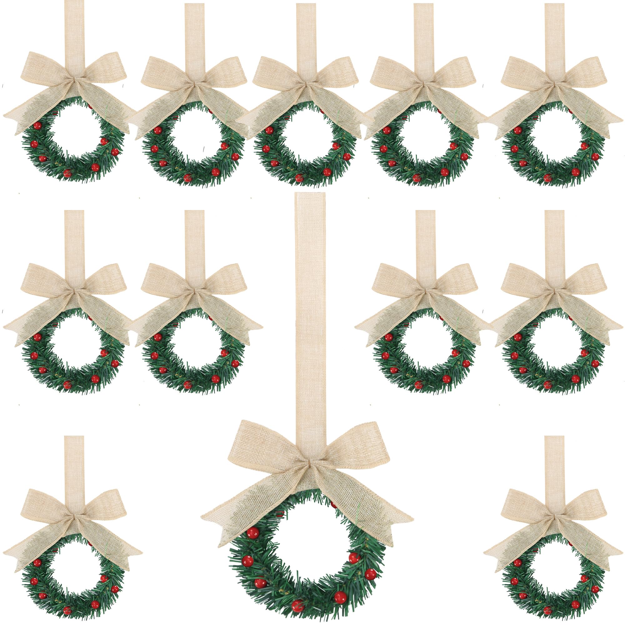 Sggvecsy 12 Pcs 8’’ Christmas Mini Cabinet Wreaths with Ribbon Bows Red Berry Artificial Small Kitchen Wreath for Window Front Door Farmhouse Wall Xmas Decorations(Linen Burlap)