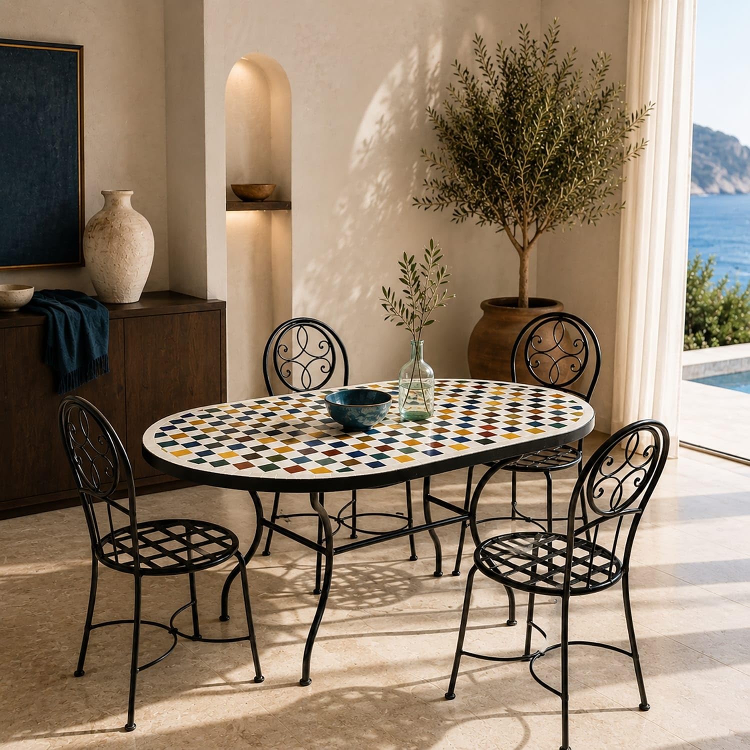 Generico Tavolo in Ferro Battuto con Mosaico Multicolore in Pietra Naturale + 4 Sedie-Fatto a Mano-Arredo Interno ed Esterno-2306261201