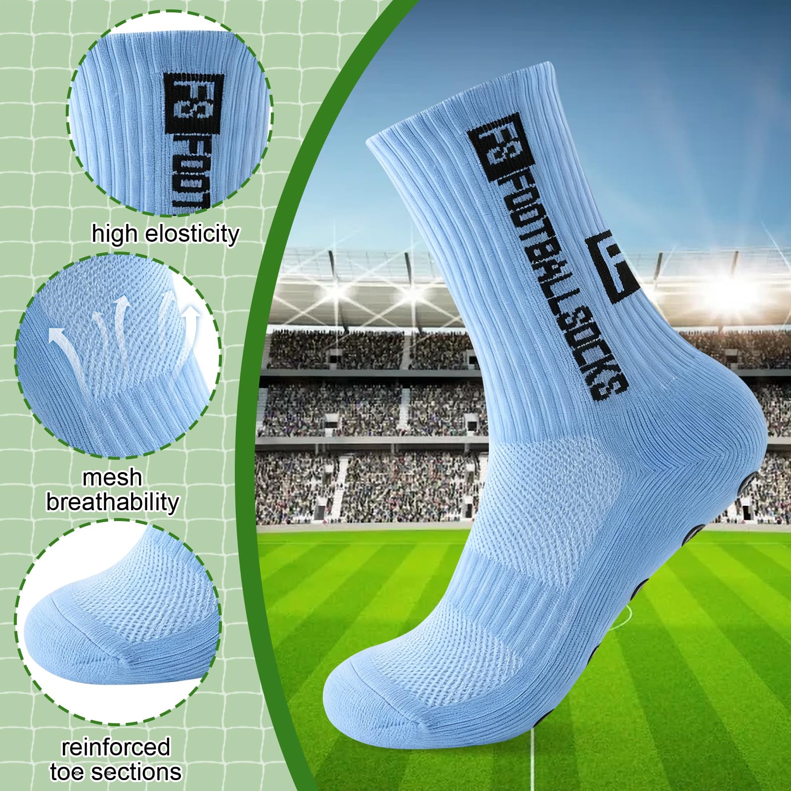Lot de 3 paires de chaussettes de football antidérapantes pour homme, femme et enfant - Tailles 39-46 - Chaussettes de football antidérapantes pour football, basketball, course, respirantes - 5