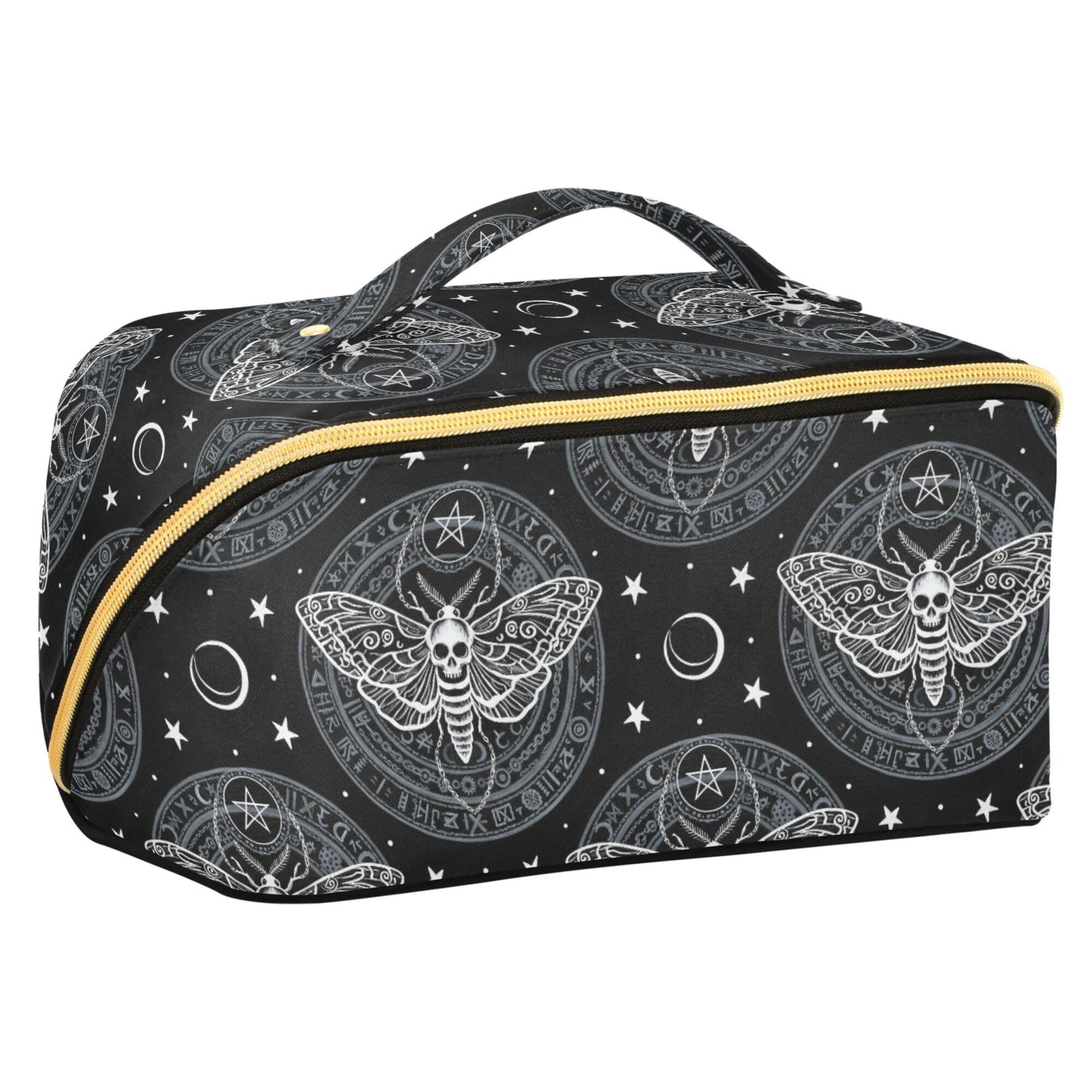 MNSRUU Makeup Organizer Bag, Skull Butterfly Black Travel Makeup Bags Makeup Vanity Case Large Capacity Rhombus Cosmetic Toiletry Bag for Girl Women