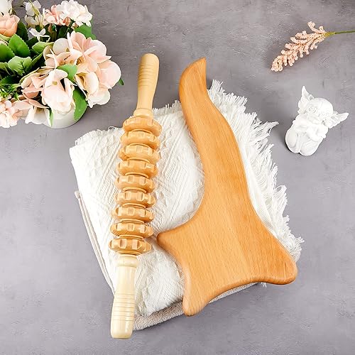 Miniatura 7 de 2 piezas de herramientas de masaje de madera Gua Sha Board 14.96 x 2.36+13 x 6.3 pulgadas, rodillos de masaje de madera de mano, herramienta de