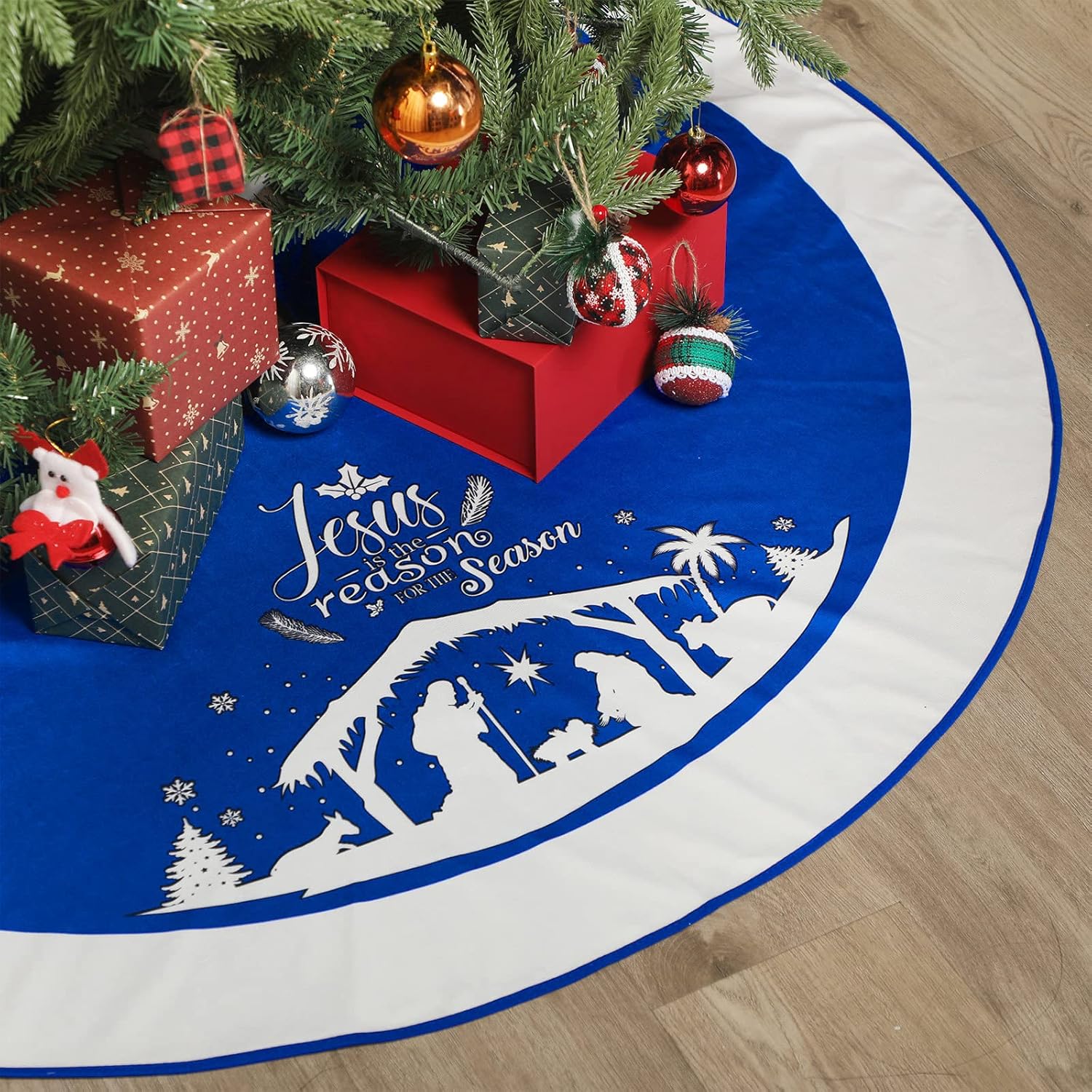 48 Inch Christmas Tree Skirt Nativity Scene Holy Family Xmas Tree Mat Jesus is The