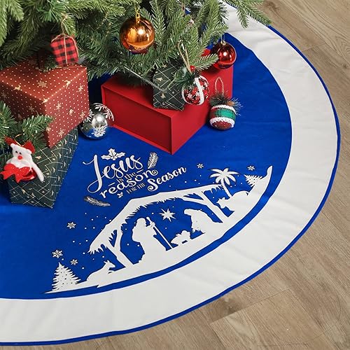 Falda de árbol de Navidad de 48 pulgadas, diseño de belén, para árbol de Navidad de la Santa Familia, Jesús es la razón de la temporada, almohadilla