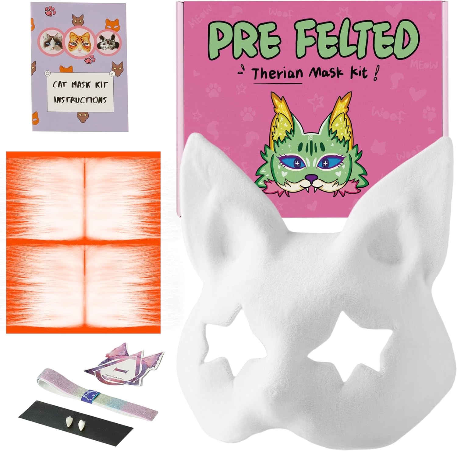 Therian Cat Mask Kit with Star Eyes - White Fleeced Cat Mask Base with Faux Fur, Eye Mesh and Cat Like Fuzzy Fabric - Felted for You, Skip the Messy Work