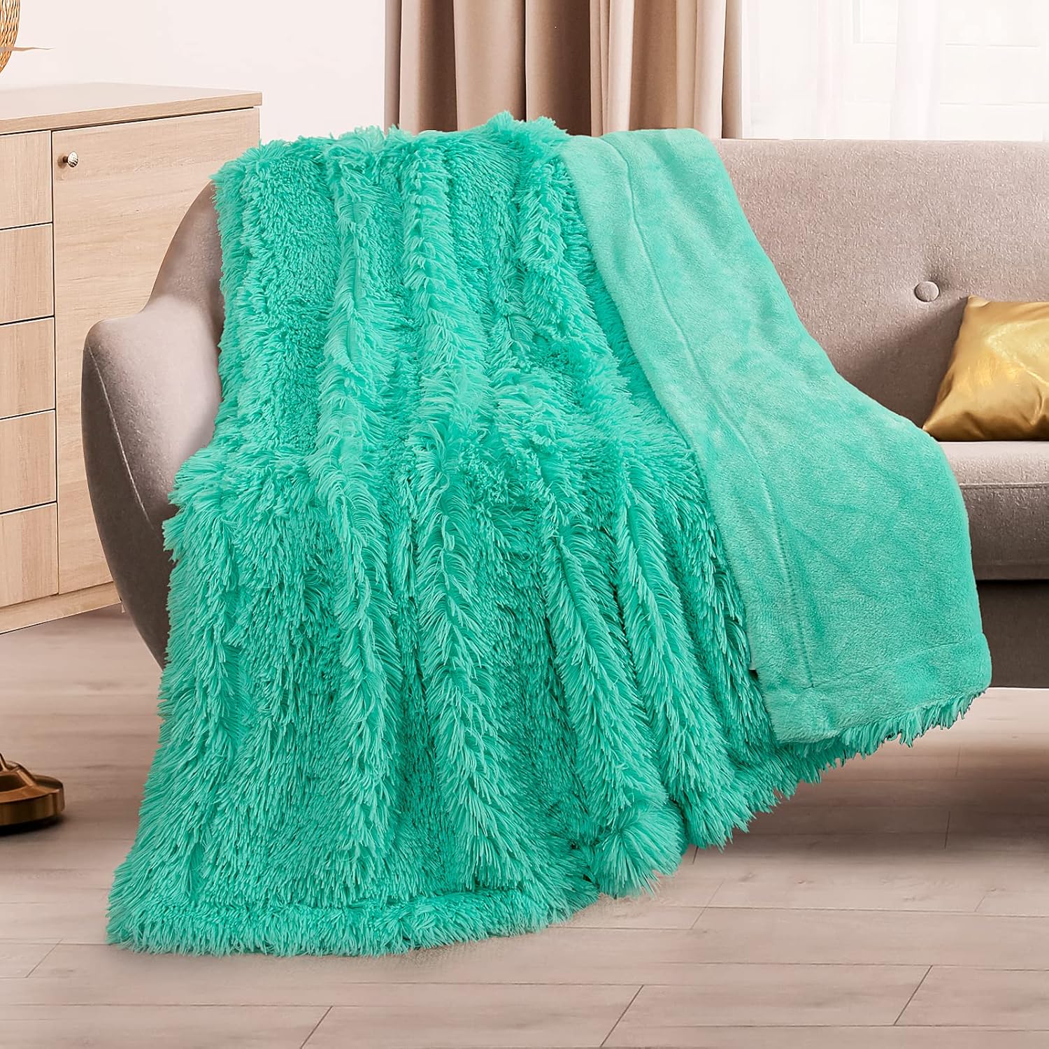 TOONOW Extra Soft Fuzzy Faux Fur Throw Blanket 50"x60", Reversible Lightweight Fluffy Cozy Plush Comfy Microfiber Fleece Decorative Shaggy Blanket for Couch Sofa Bed, Turquoise - Image 2