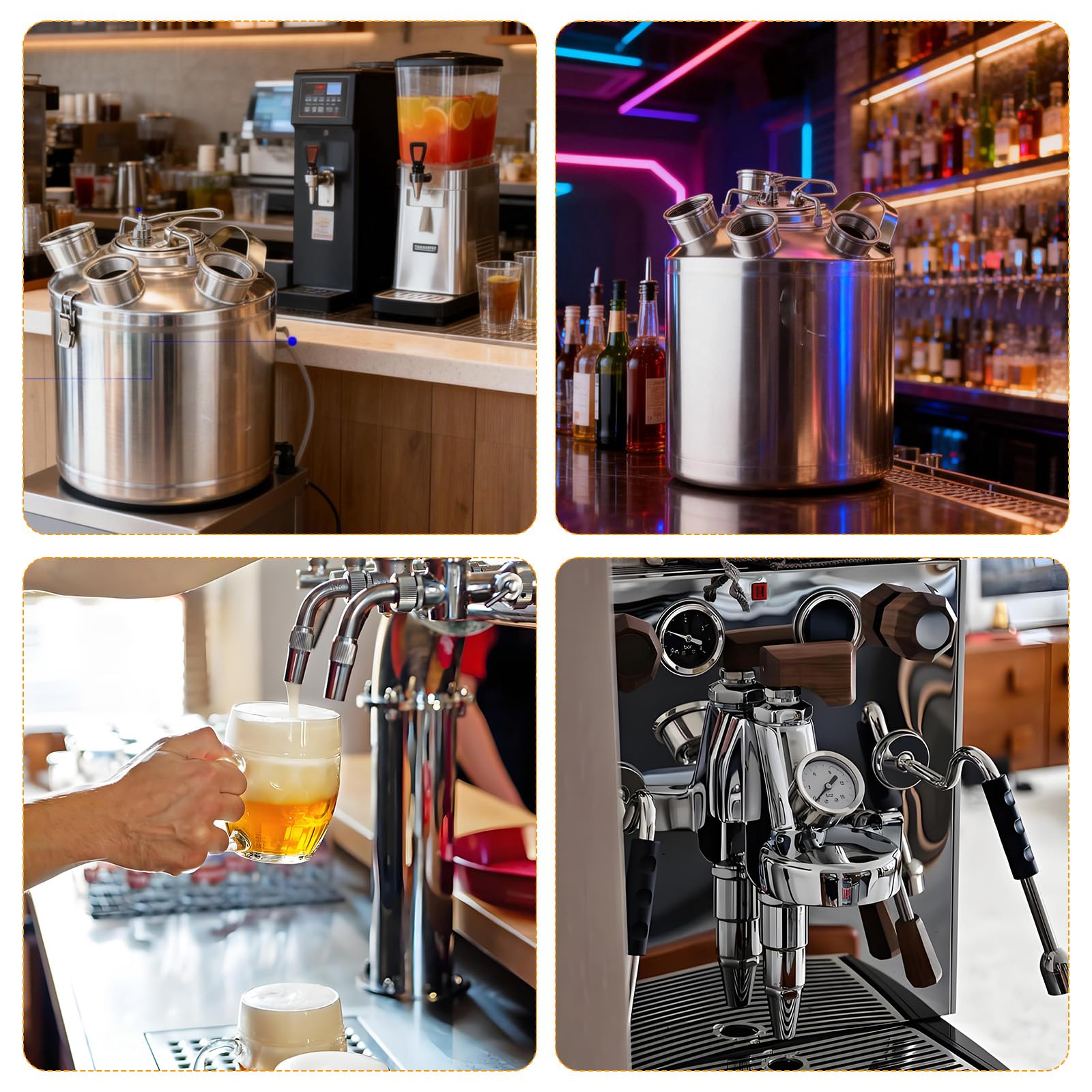 Barril de limpieza de cerveza, 10 L, acero inoxidable, depósito de limpieza de 4 cabezales, incluye pinchos A, S, G, D con tapa de cierre para dispensadores de cerveza, máquinas de té de