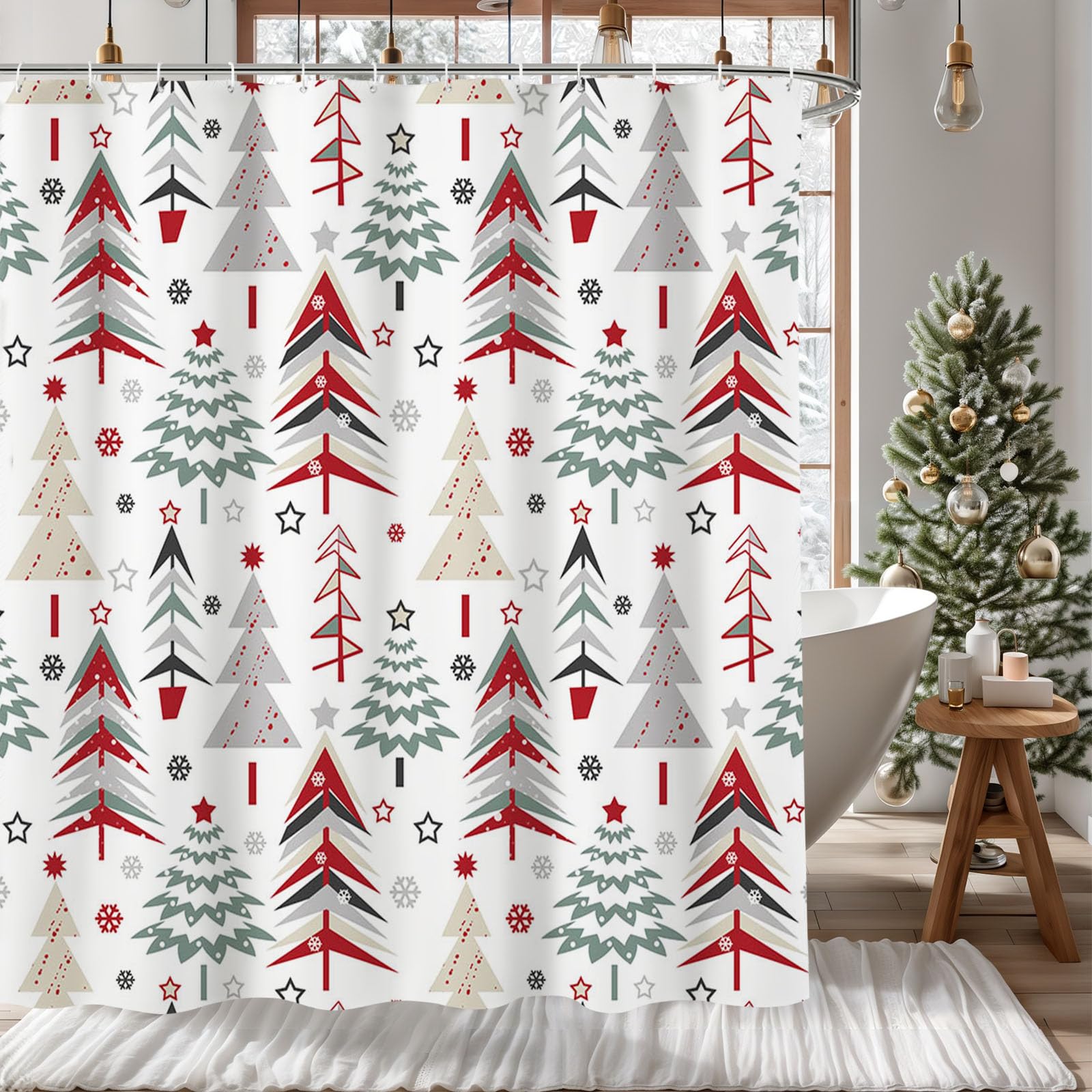 MEHOFOND Christmas Shower Curtain Xmas Tree Shower Curtain Winter Snowflake Pattern Holoday Curtain for Bathroom Decor Washable Durable Fabric