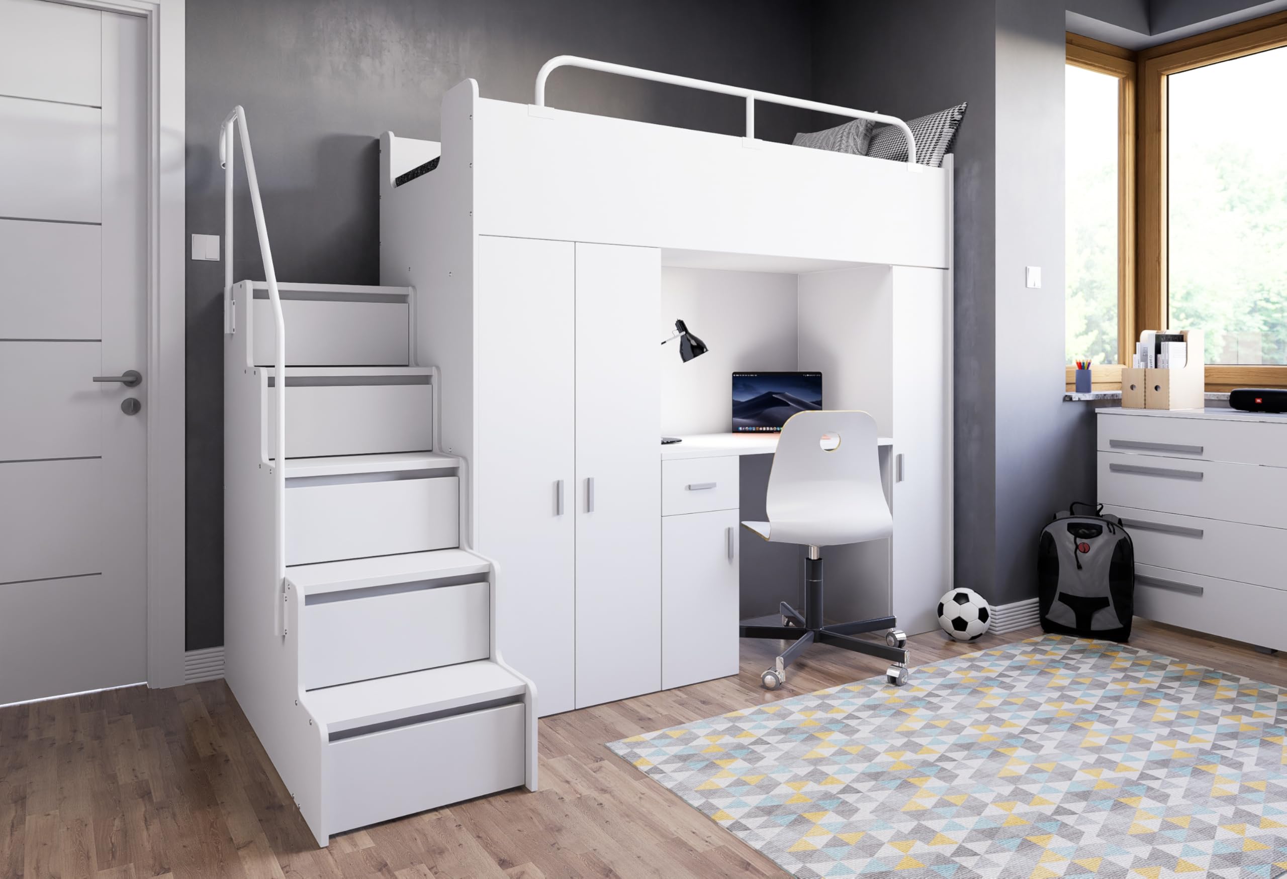 Hochbett Kinderbett JSM-5 80x190 mit Kleiderschrank Schreibtisch und Treppe Matt Etagenbett Stockbett Jugendhochbett (Rosa)