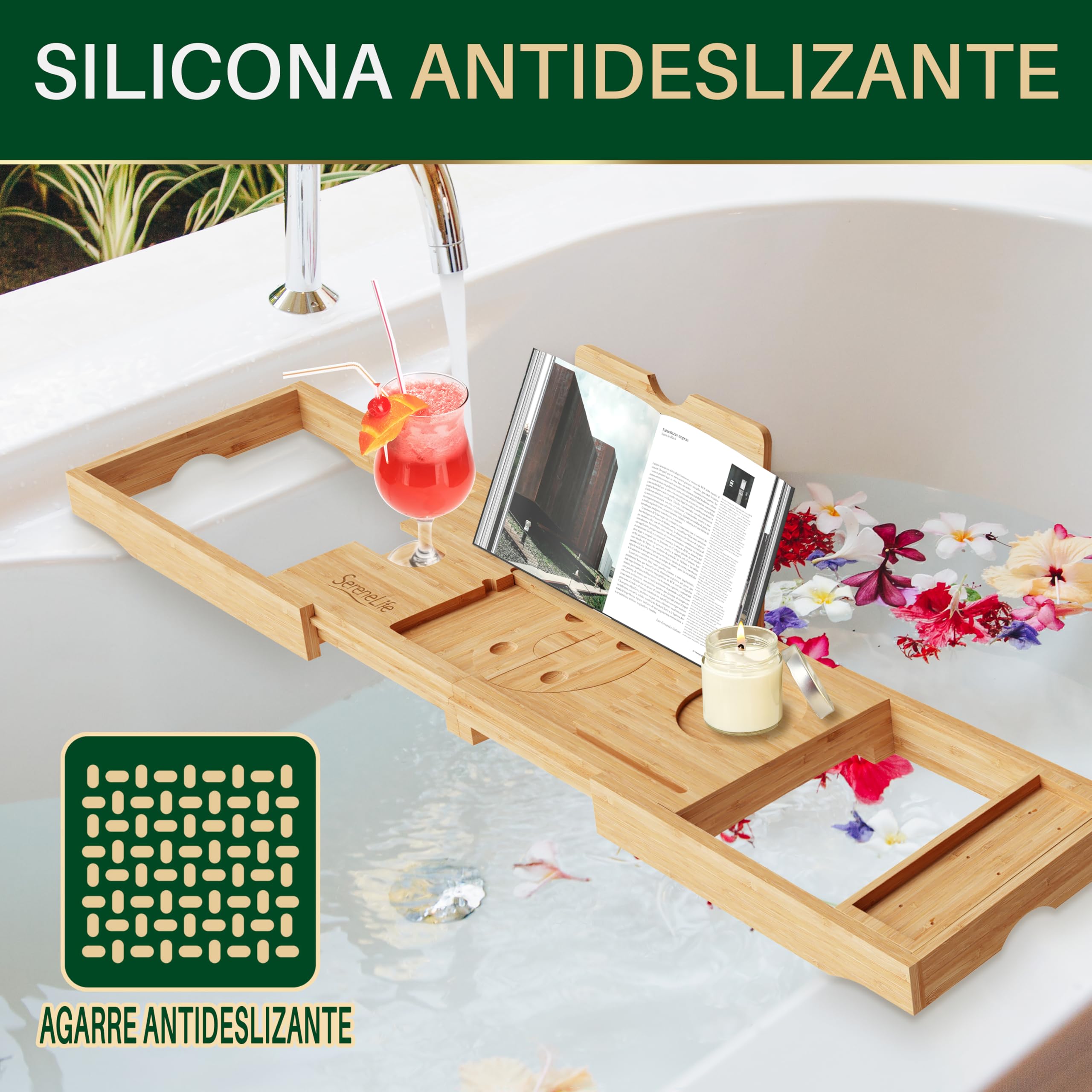 SereneLife bandeja para bañera, Plegable, Extensible de 30” a 43”, Ajustable, Baño, Soporte para copa de vino, Libro, Movil, Tablet, Facil almacenamiento