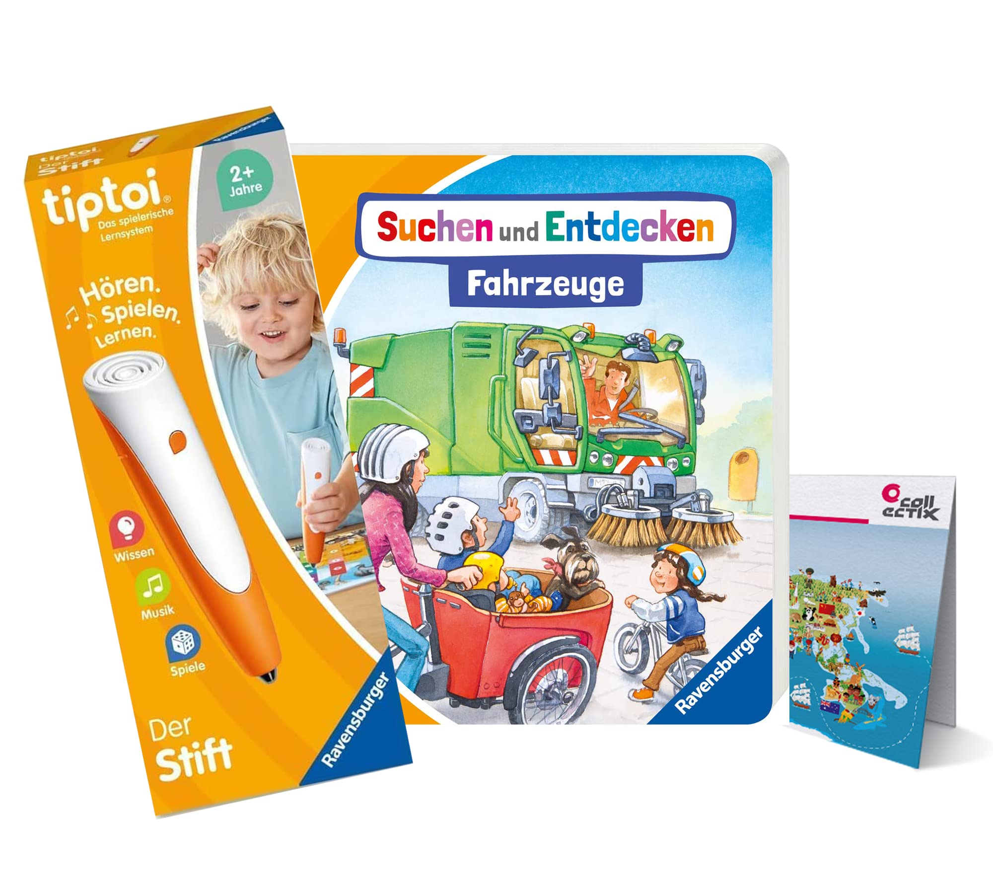 tiptoi Zestaw Ravensburger - Pojazdy (książka dla dzieci) + długopis 00110 + mapa świata dla dzieci, zabawka edukacyjna dla dzieci