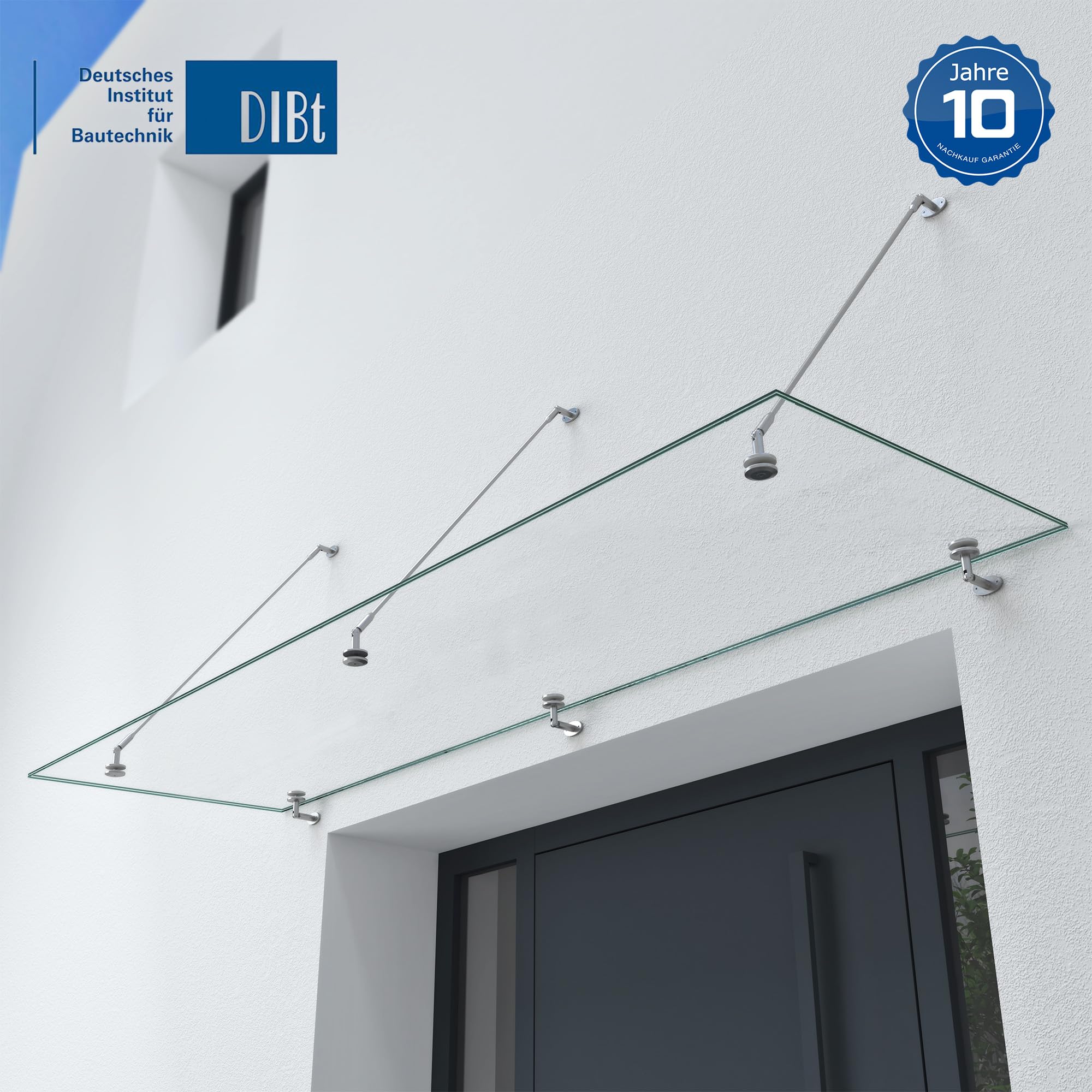 doporro Vordach für Haustür 90x300cm Glasvordach aus VSG mit SGP Folie | 3 Edelstahl Haltestangen Transparentes Glasvordach Regenschutz für Haustür