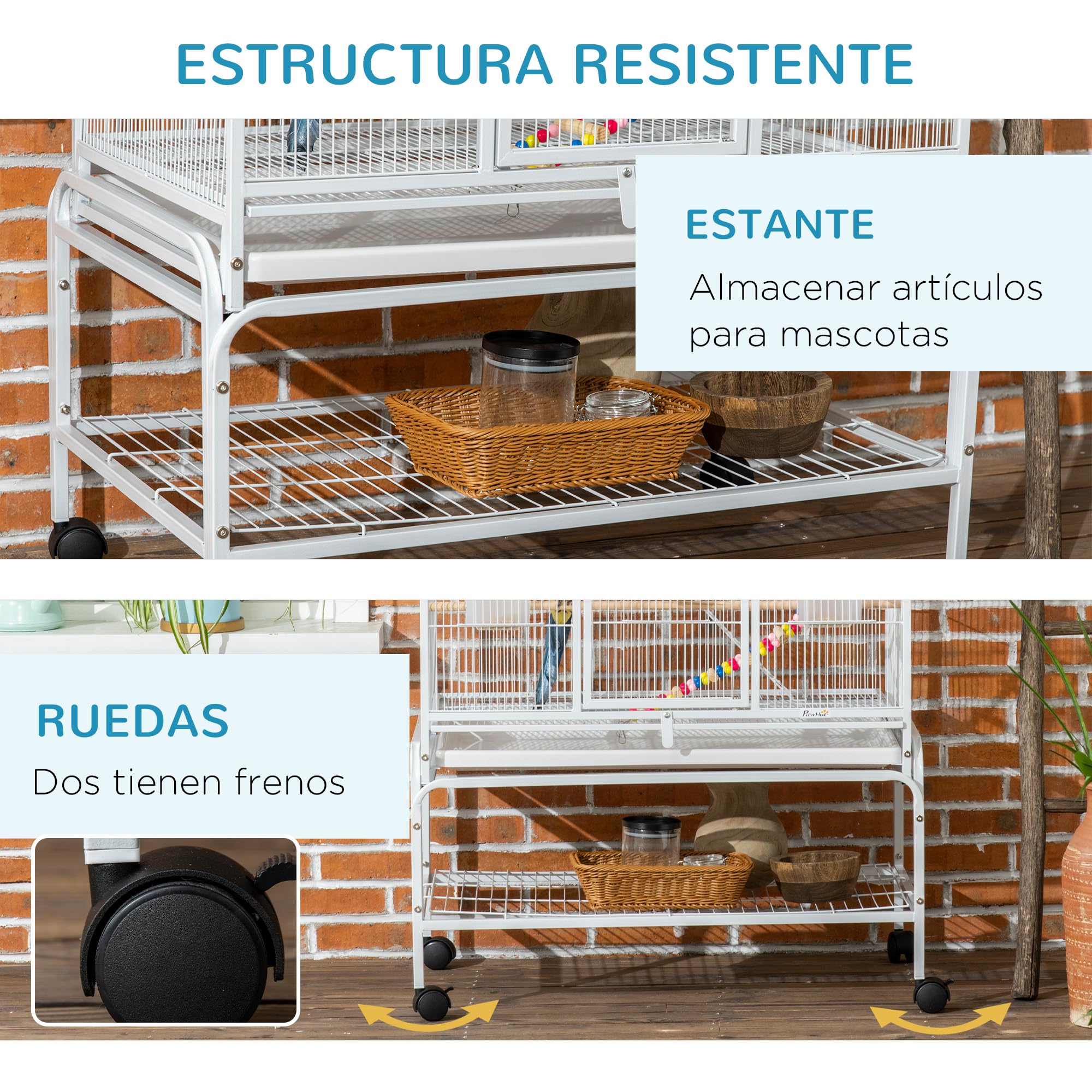 PawHut Jaula para Pájaros con Ruedas de 3 Niveles 83x53x180 cm Blanco | Pajarera Metálica, 3 Perchas, Comederos, Juguetes, Rampas, Estante de Almacenamiento, para Canarios Periquitos