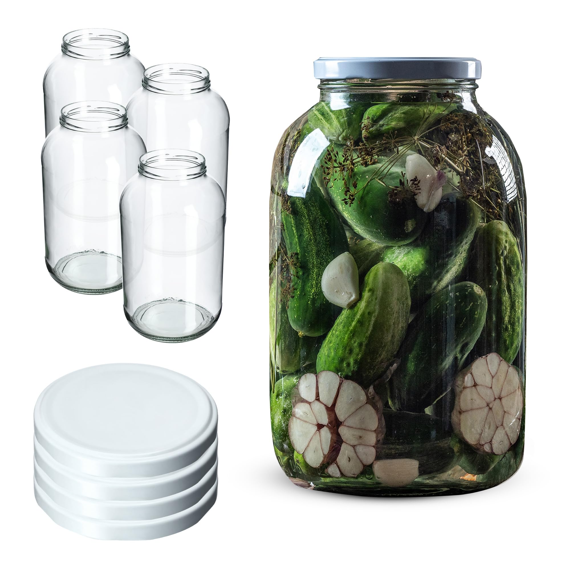 KADAX Lot de 4 Bocaux en Verre 4L avec Couvercle à Vis Ø100 mm pour Cornichons, Kombucha, Kimchi | Bocaux à Large Ouverture pour Conserves, Fermentation, Marinades (Blanc)