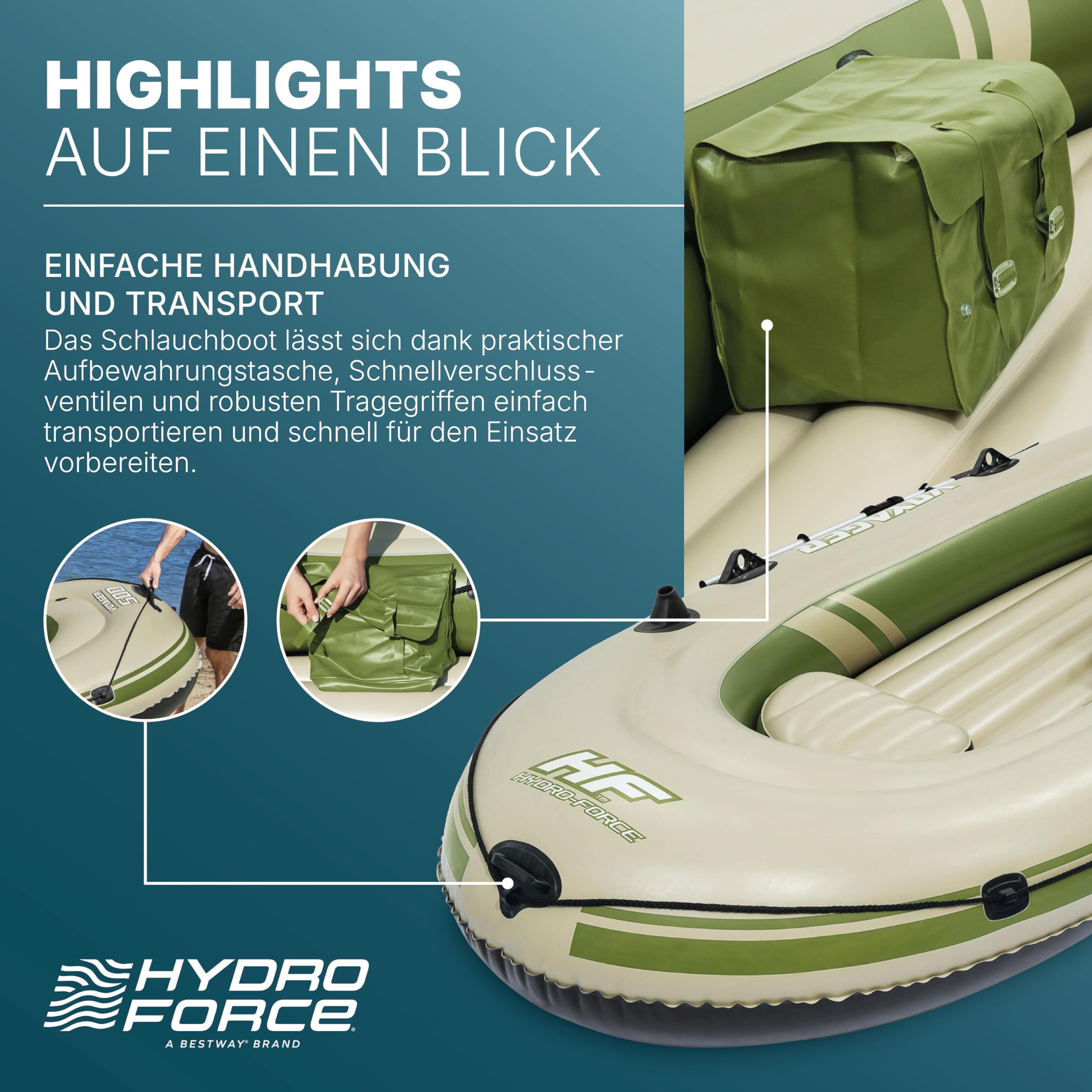 Bestway Hydro-Force™ Schlauchboot-Set, Voyager 500, 348 x 141 x 48 cm, für 3 Personen