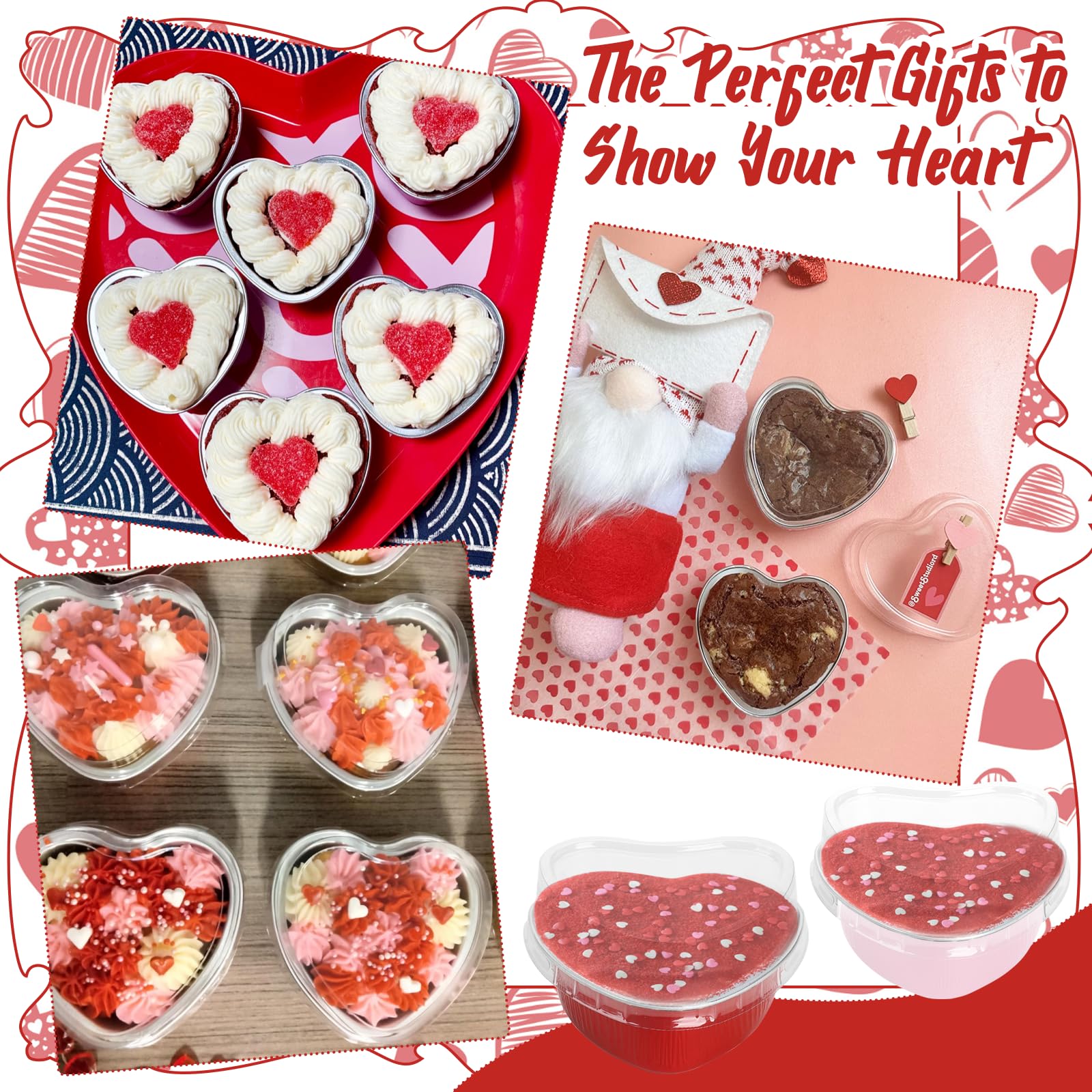 100 moldes para tartas en forma de corazón con tapas, mini moldes de papel de aluminio para hornear cupcakes de 3.4 onzas, recipientes desechables en forma de corazón para el día de San Valentín, día