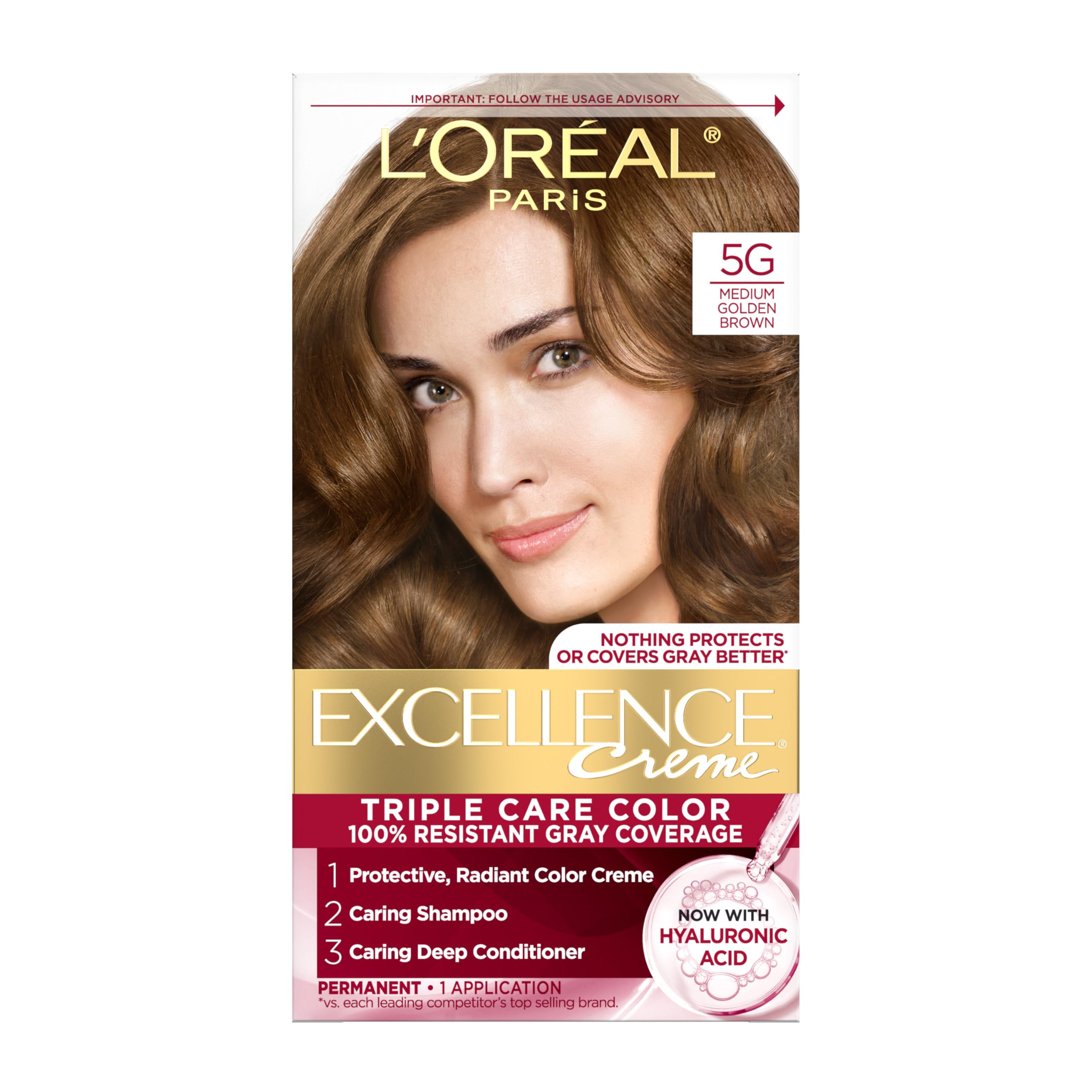 L'Oreal Paris Excellence Crème Permanent Hair Dye, Triple Care Hair Color with Pro-Keratine Complex for 100% Gray Hair Coverage, 5G Medium Golden Brown, 1 Kit