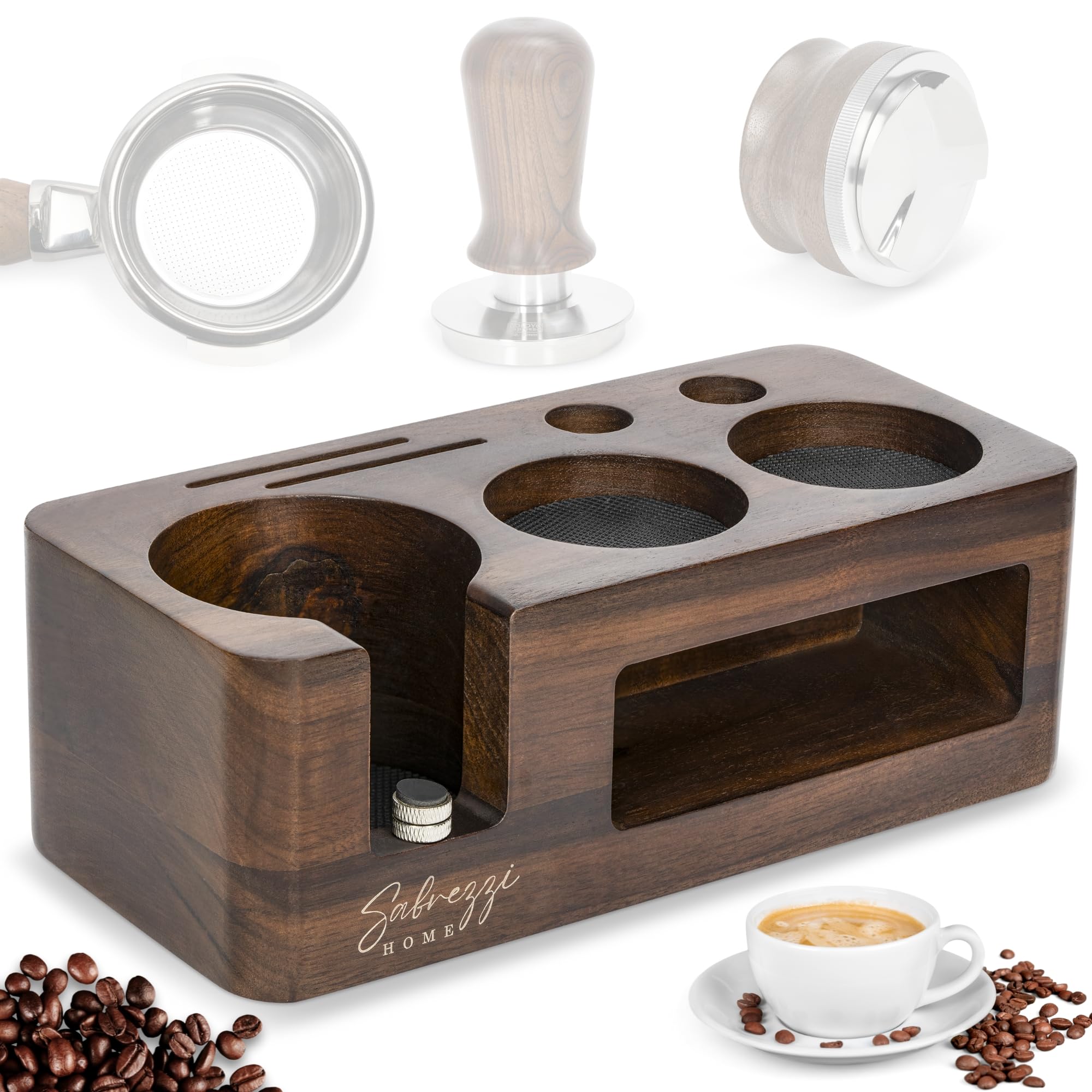 Sabrezzi Home – Wooden Coffee Tamping Station for 58 mm Accessories – Sturdy Tamper holder Station to Safeguard Organizer Coffee Making Accessories – Walnut