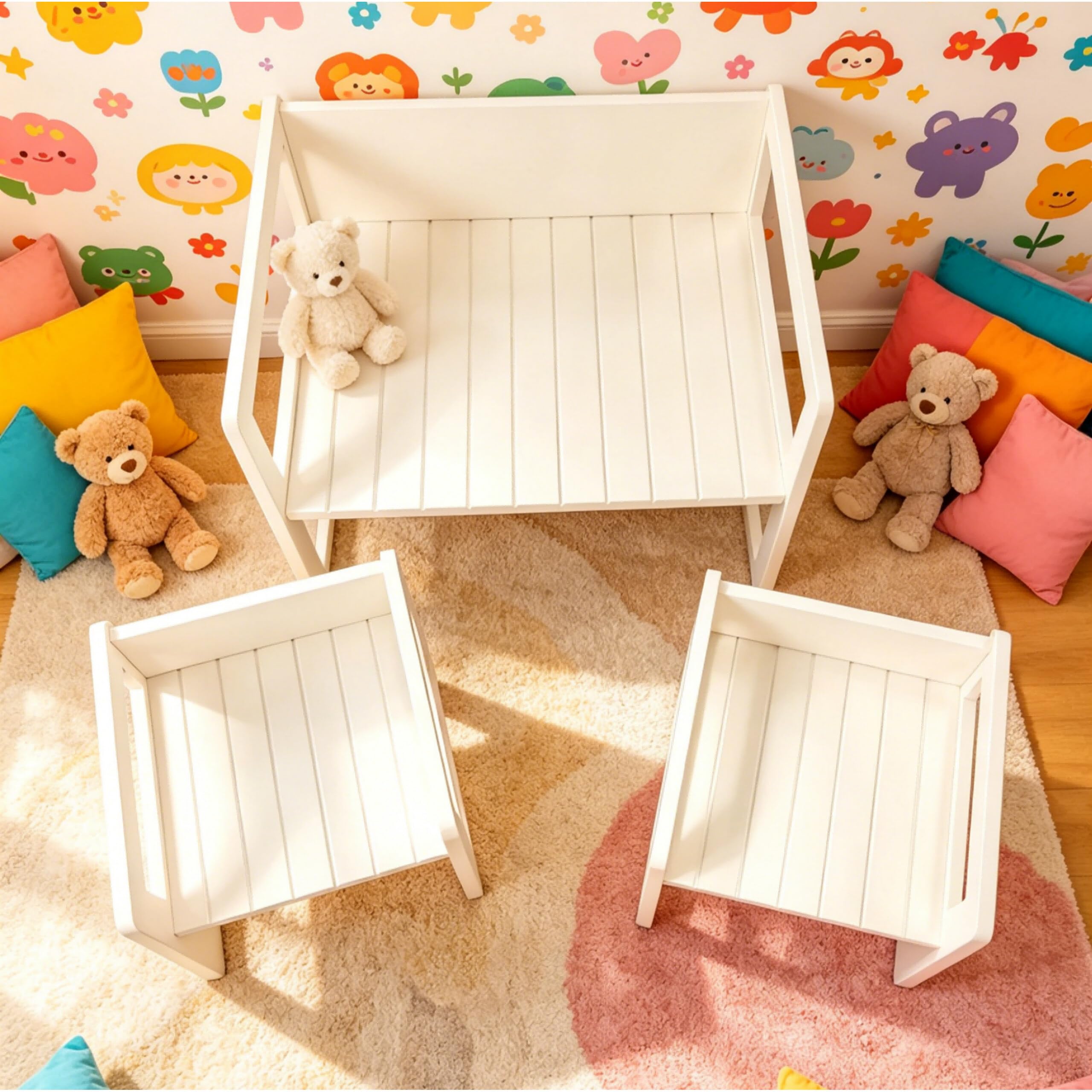 Relaxdays Conjunto Infantil 3 Piezas, 2 sillas, Mesa Convertible en Banco, 2 Alturas, Estilo Montessori, Color Blanco