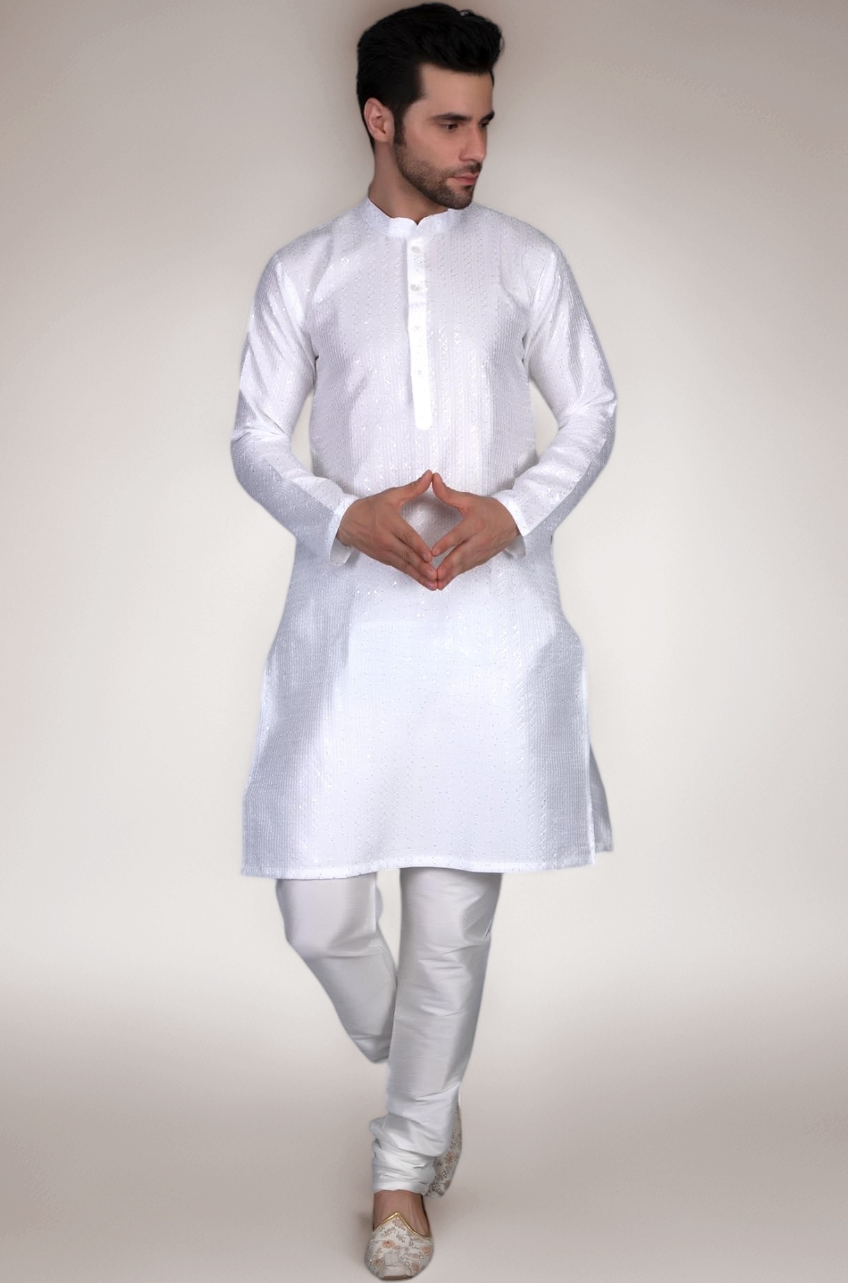 Ethluxis Men's Silk Blend Embroidered Kurta with White Churidar Set