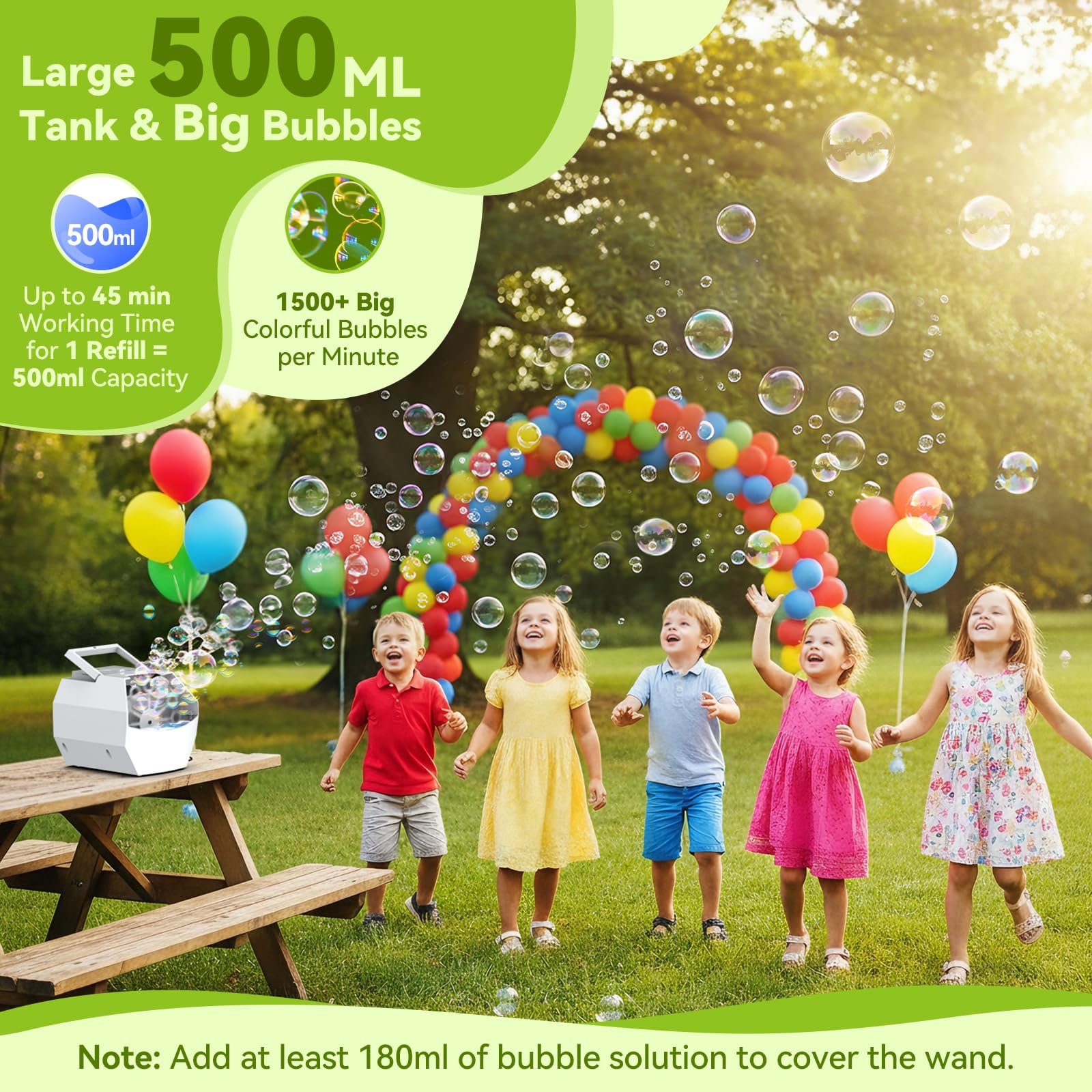 Theefun Máquina de burbujas, soplador automático de burbujas de 500 ml, juguete eléctrico portátil de burbujas para niños y niñas, al aire libre, interiores, fiestas, bodas, cumpleaños, alimentado por
