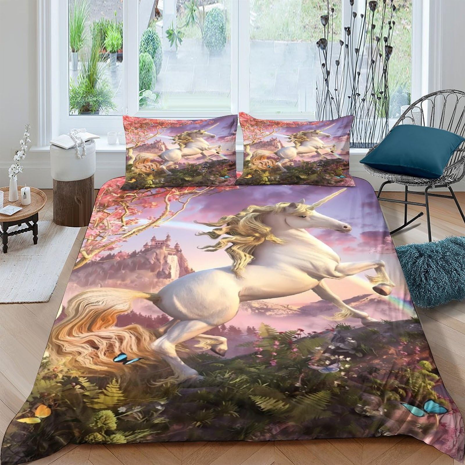Ctjqhvkz Style-9 3D Printed Fantasy Unicorn Fitted Sheet Microfiber Soft Pink Forest Fairy Mattress Cover For Bedroom Dorm Mattress Decor Single（135X200cm）