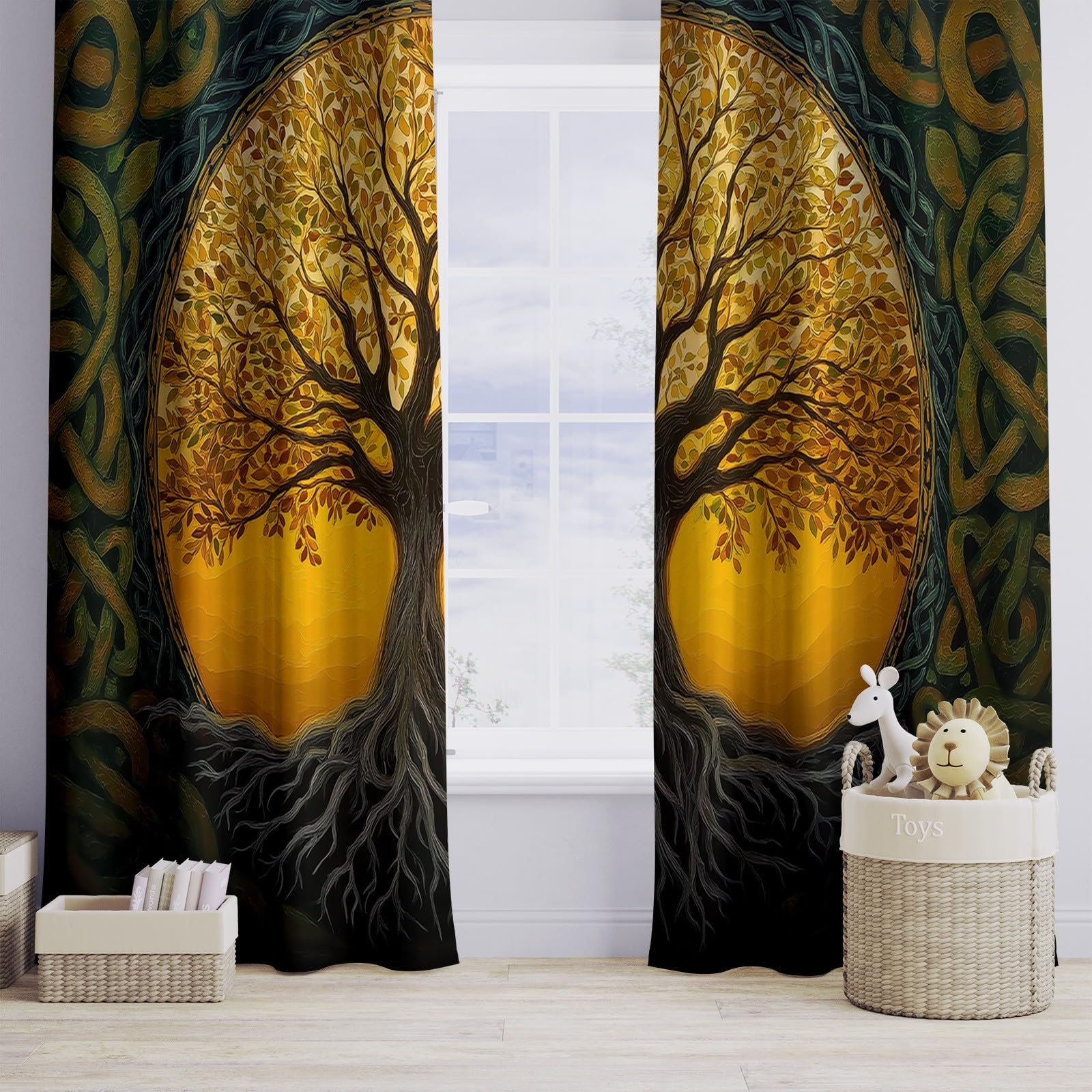 Generisch Lebensbaum Kunst 2er Set Verdunkelungsvorhänge mit Ösen, Ölgemälde-Stil Blickdicht Thermo Isoliert Vorhänge für Wohnzimmer & Schlafzimmer, HxB 166 x 75 cm