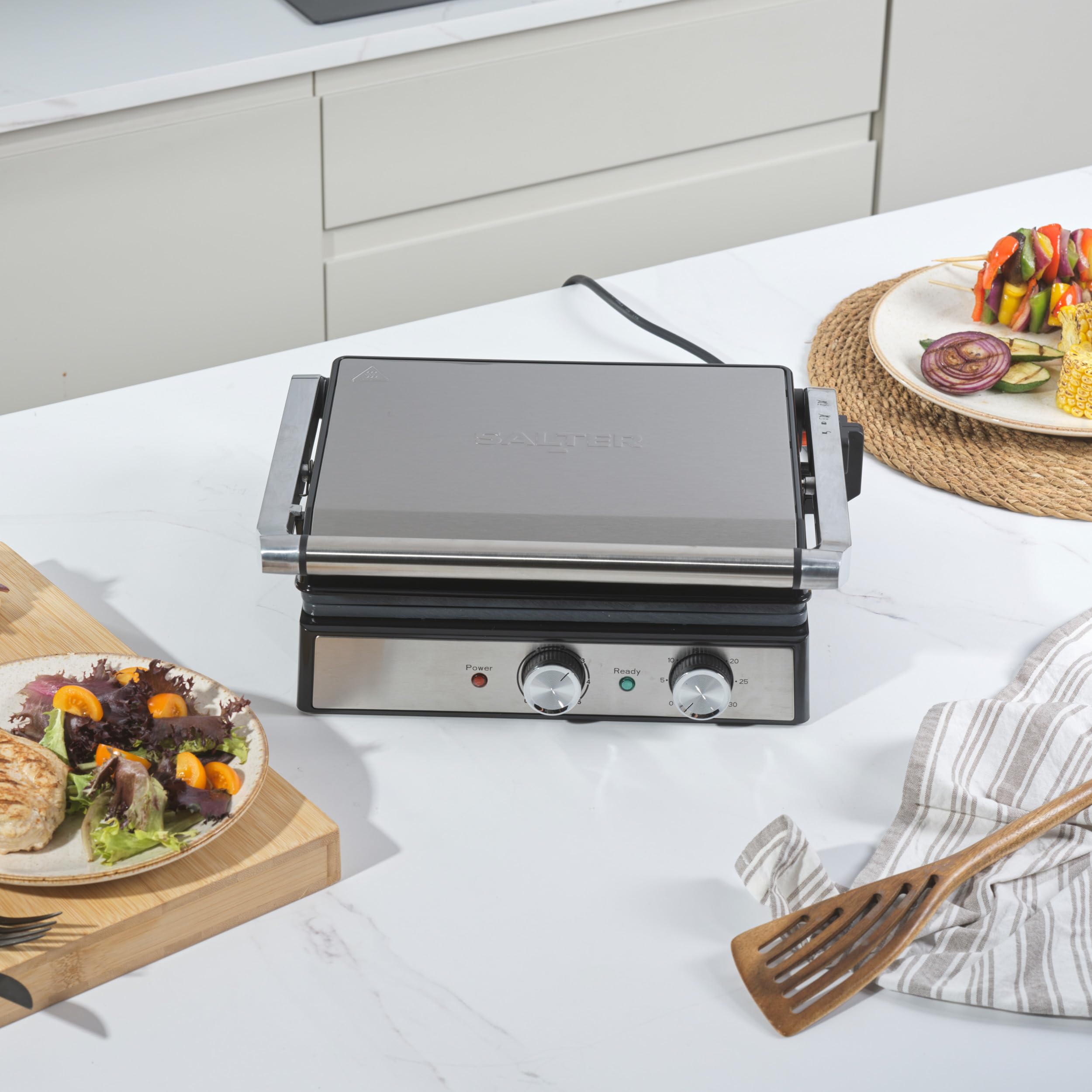Salter Duży elektryczny grill zdrowotny – talerze ceramiczne otwierane na płasko dla dodatkowej przestrzeni, bez PFAS, toster do kanapek ze stali nierdzewnej i prasa do panini, taca na nadmiar oleju