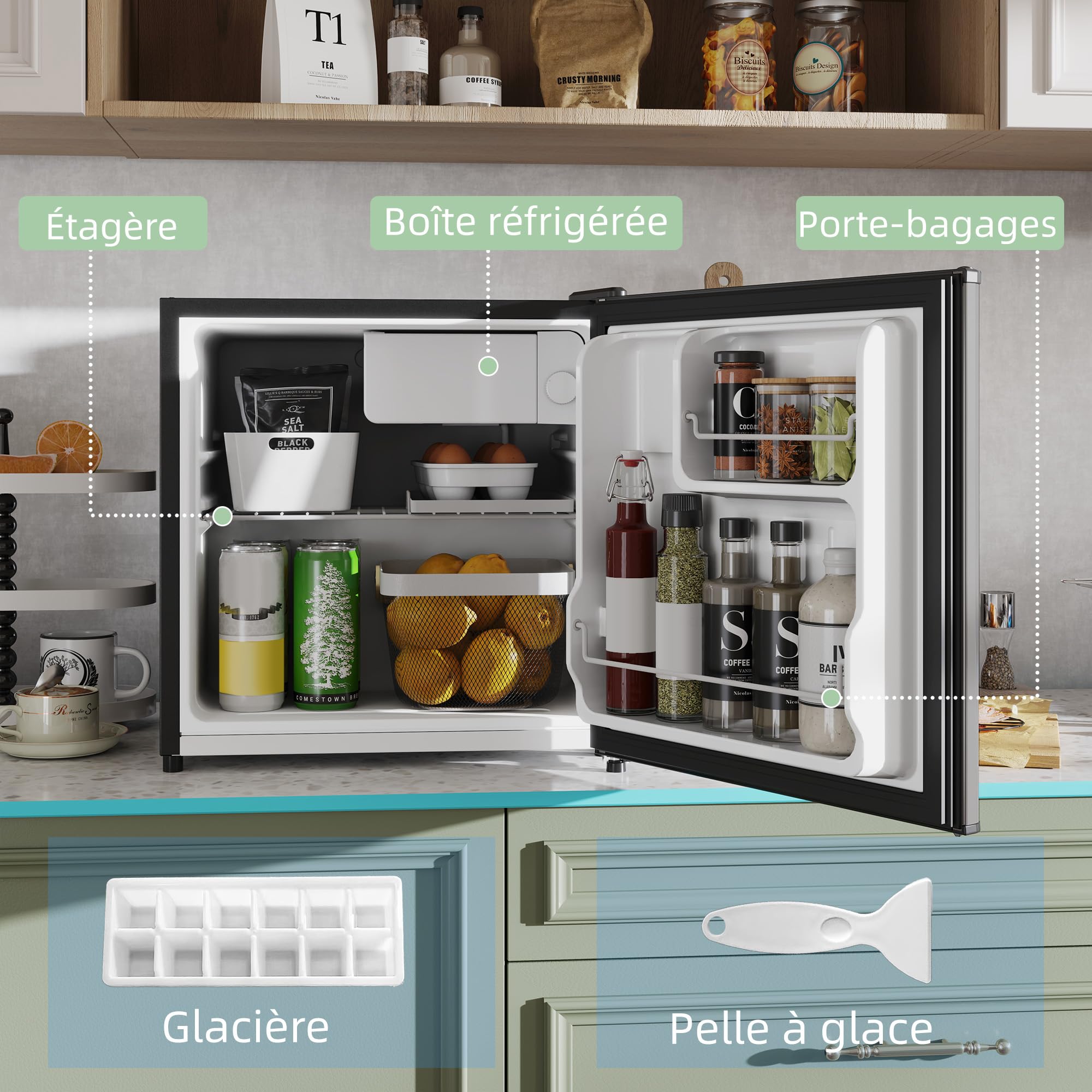 HOMCOM Réfrigérateur congélateur 46 L, mini frigo 41,5L+4,5L, silencieux, porte réversible, argenté