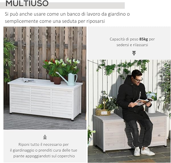 Outsunny Baule da Esterno in Legno di Abete con Base Rialzato e Coperchio, Cassapanca Contenitore da Esterno Impermeabile, 127x56x60 cm, Bianco - 4