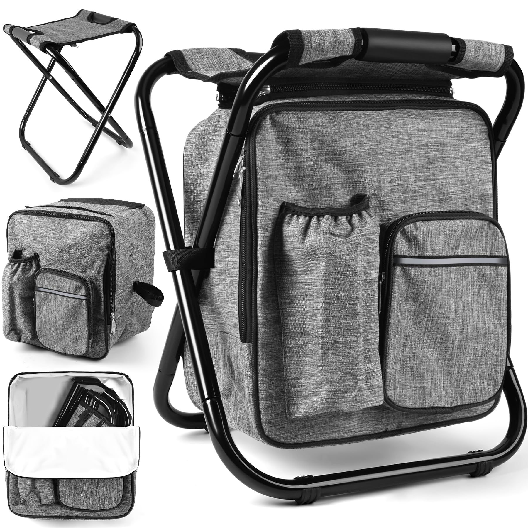 Kikerike Backpack Stool Cooler Chair Heavy Duty 200 LBS Max Load Portable Lightweight Stool Backpack Folding Fishing Cooler Seat for Camping Hunting Fishing - Gray