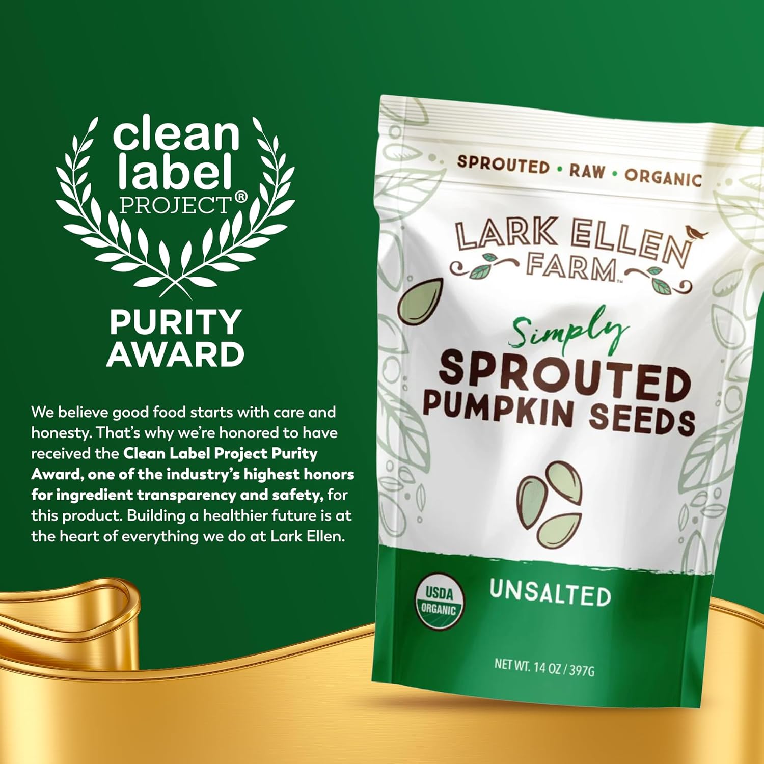 Lark Ellen Farm Sprouted Organic Pumpkin Seeds – Raw, Unsalted, Air-Dried Pepitas for Snacking, Salads, Trail Mix – USDA Organic, Non-GMO, Vegan, Gluten-Free, Resealable Bag (14 oz, 3-Pack)