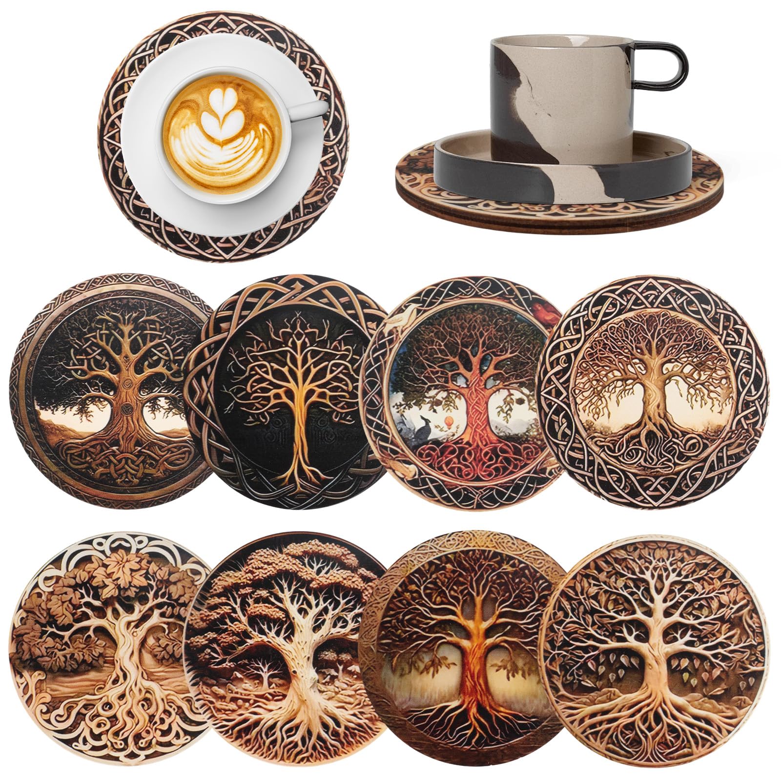 2D Flat Tree of Life Wooden Coasters Set, 8 Tree of Life Wooden Cup Mat for Coffee Table Decor Round Desk Coasters Non-Slip Table Protector for Home, Apartment, Office, Bar Gifts, New Home Gifts