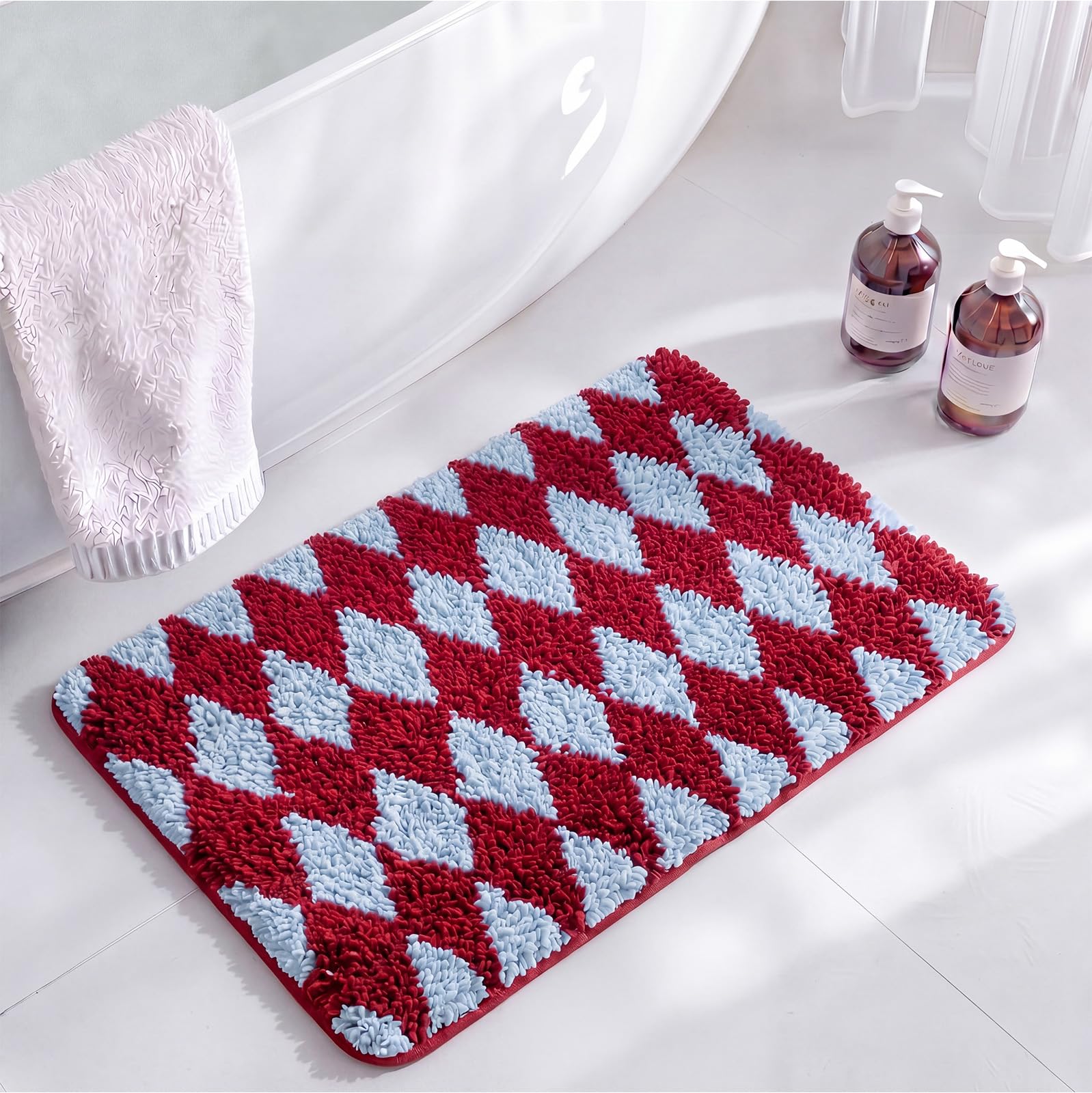 Photo 1 of Kacctyen Diamond Tufted Bath Mat (Maroon/Light Blue)