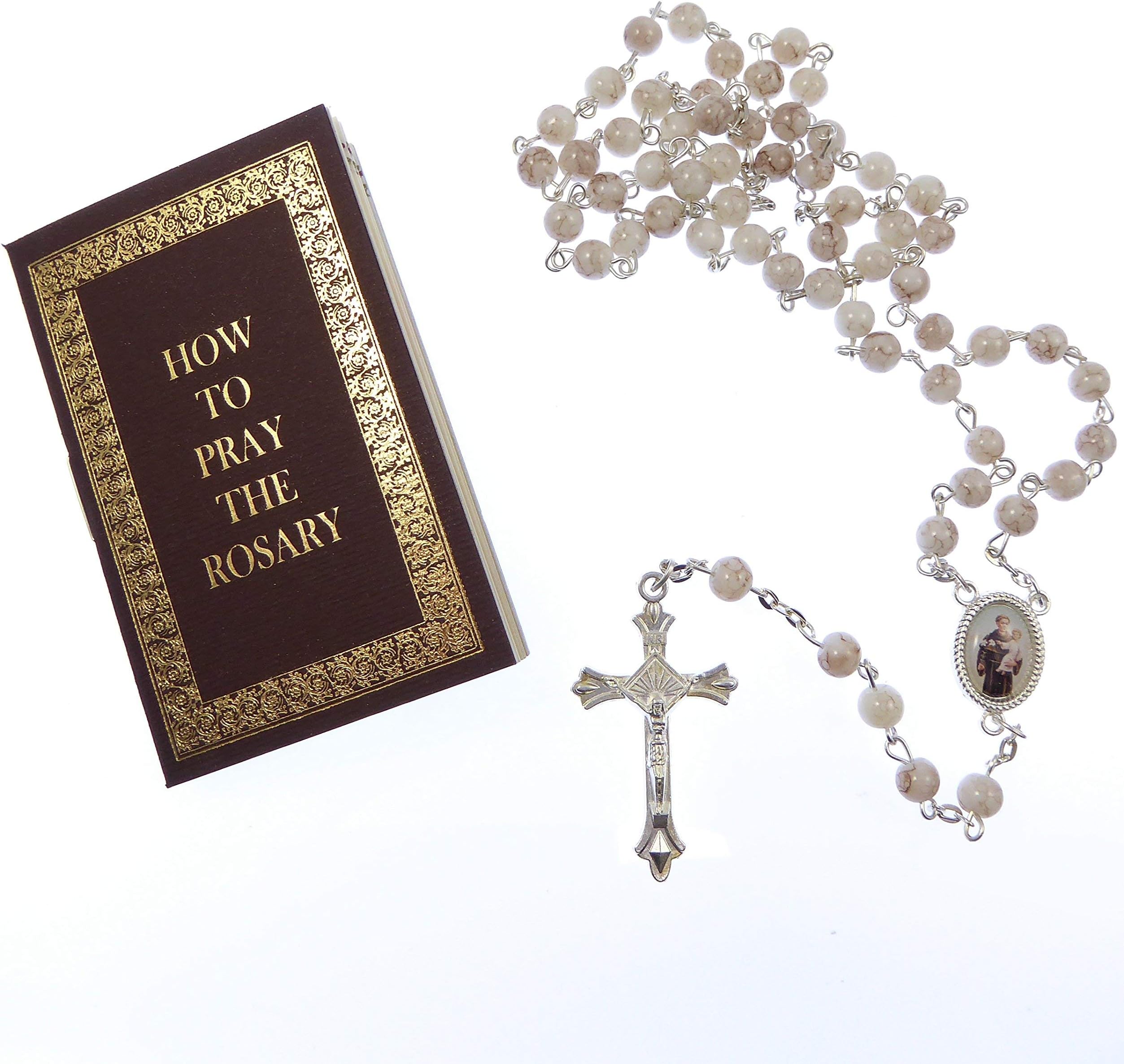 White marble effect glass St. Anthony rosary beads with How to Pray Rosary book