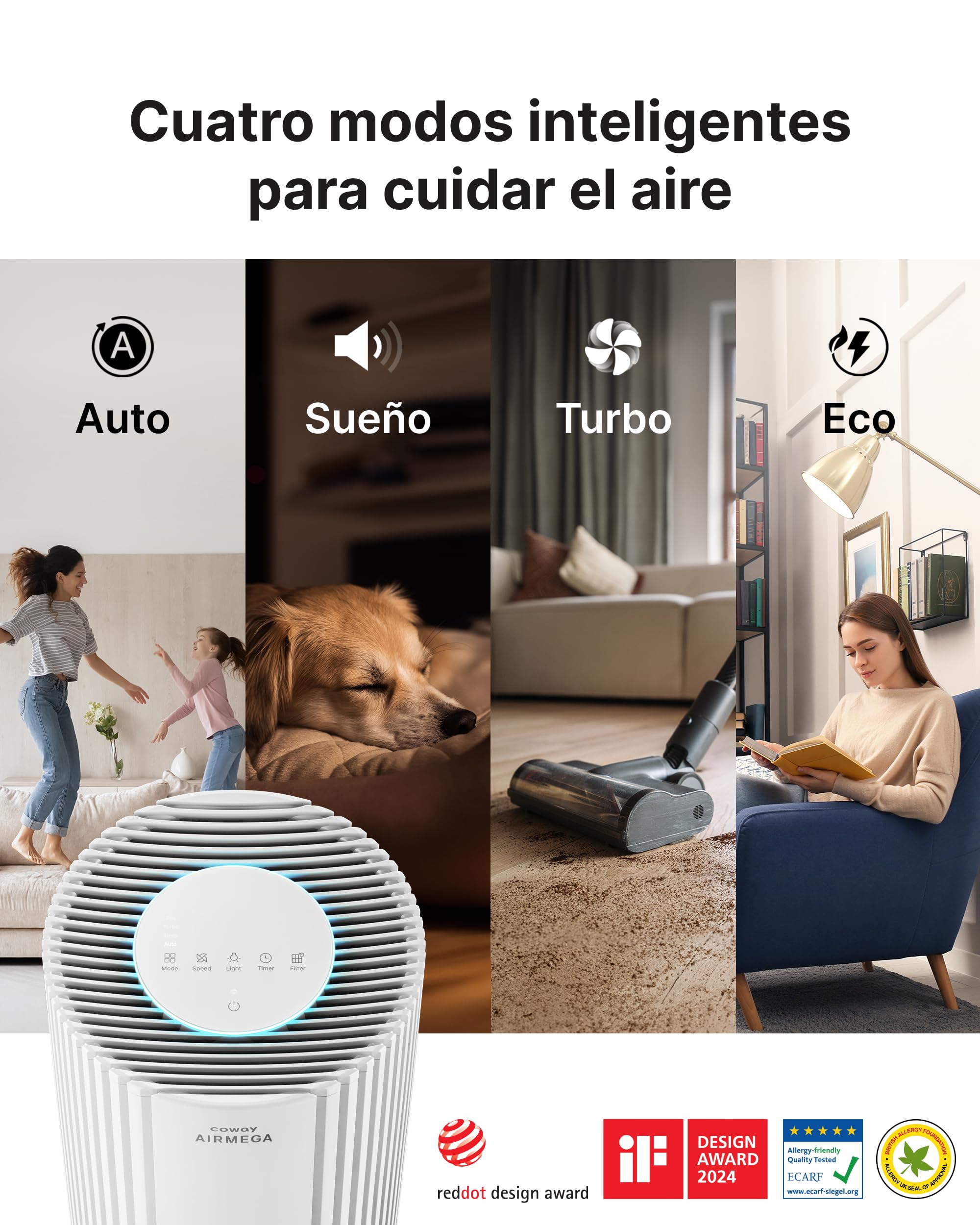 COWAY Purificador de aire para espacios grandes, CADR 713 m³/h, limpia 148 m² en 30 min, filtro HEPA para humo, alergias, pelo de mascotas, olores, sensor PM10, modo ahorro energético, AIRMEGA 350