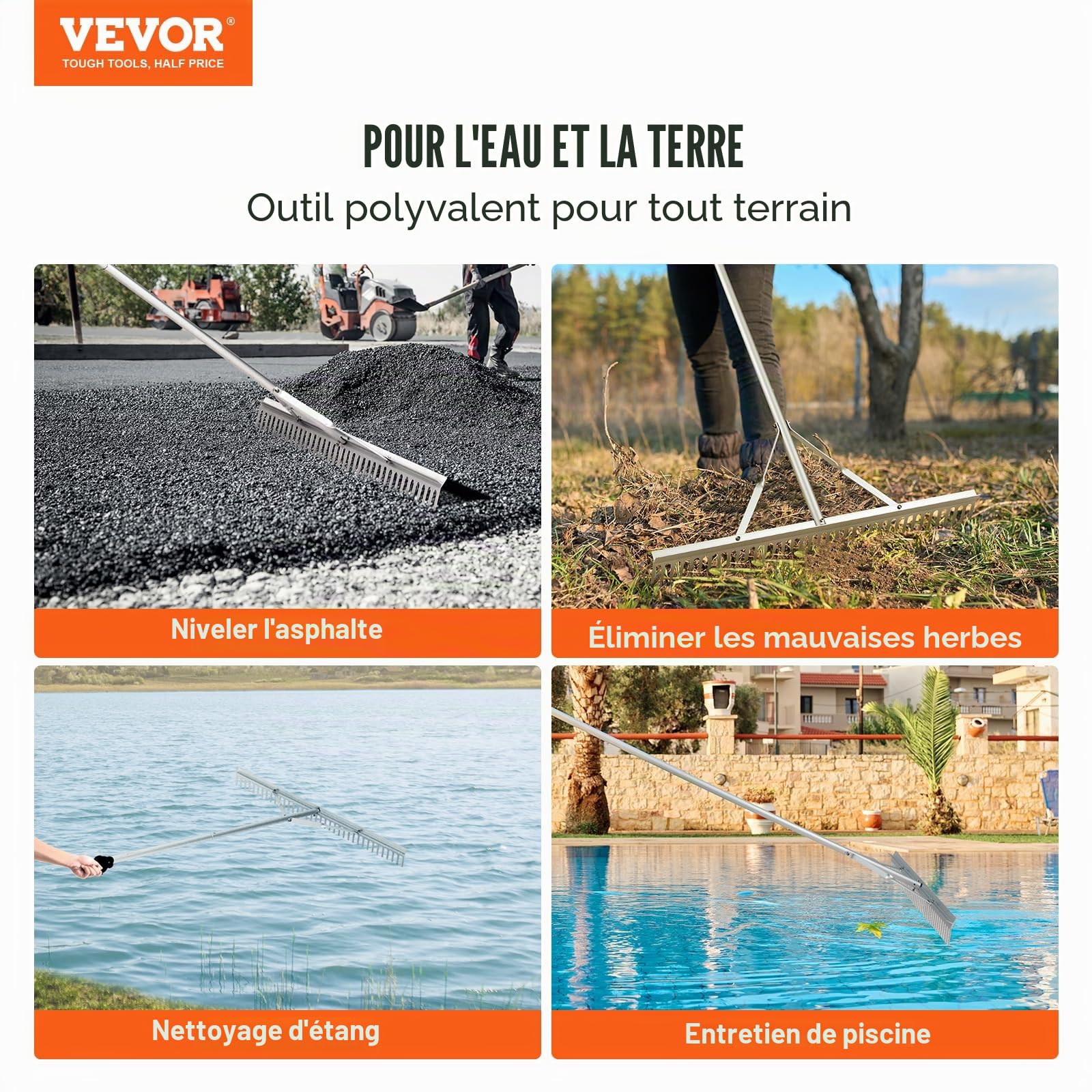VEVOR Râteau paysager, râteau paysager en aluminium à tête de 36", râteau à mauvaises herbes avec manche de 75" de long, pour ameublir le sol, entretien de la pelouse, désherbage du lac, jardin, étang