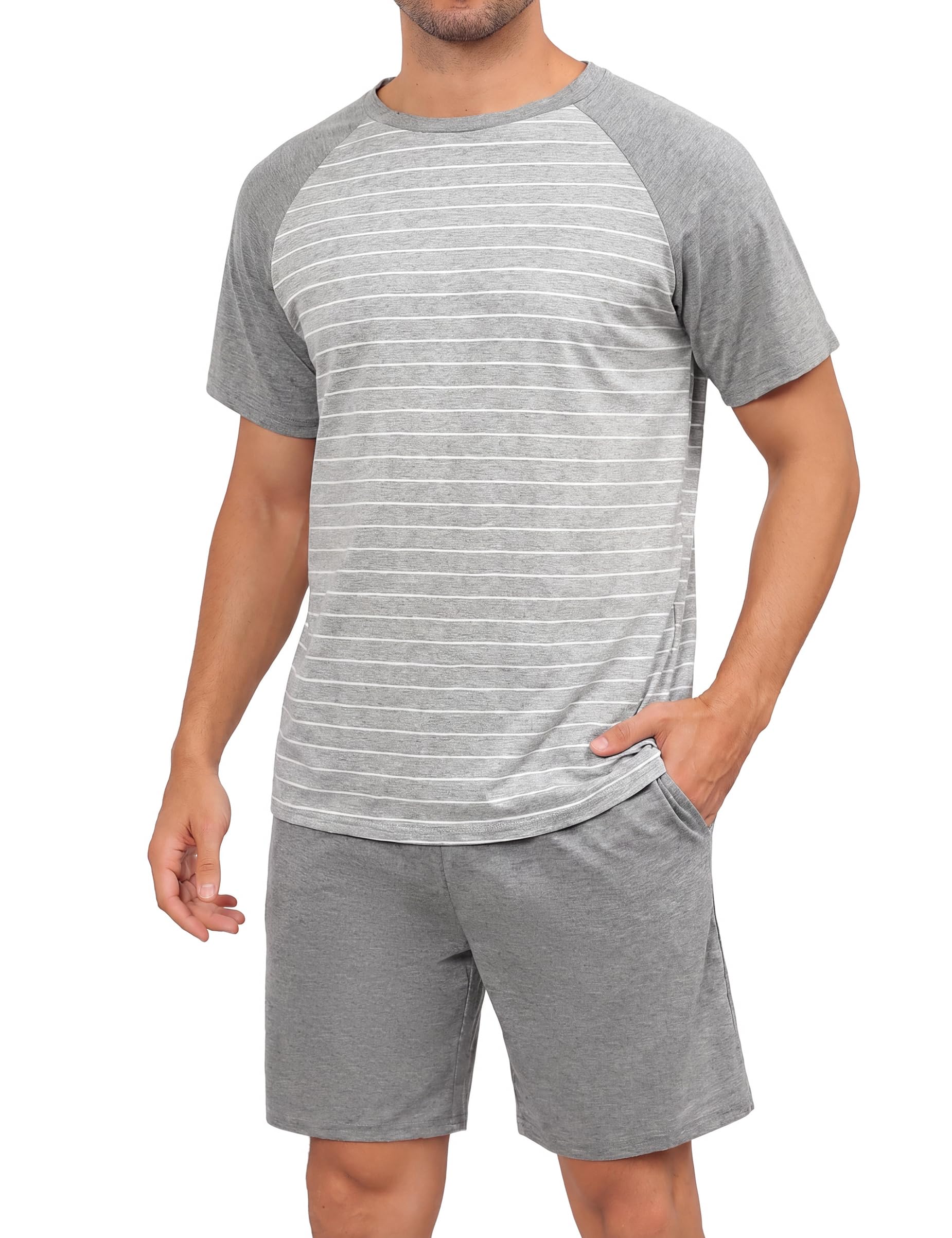 Bresdk Schlafanzug Herren Kurz Pyjama Set Baumwolle für Männer Sommer Nachtwäsche Gestreift
