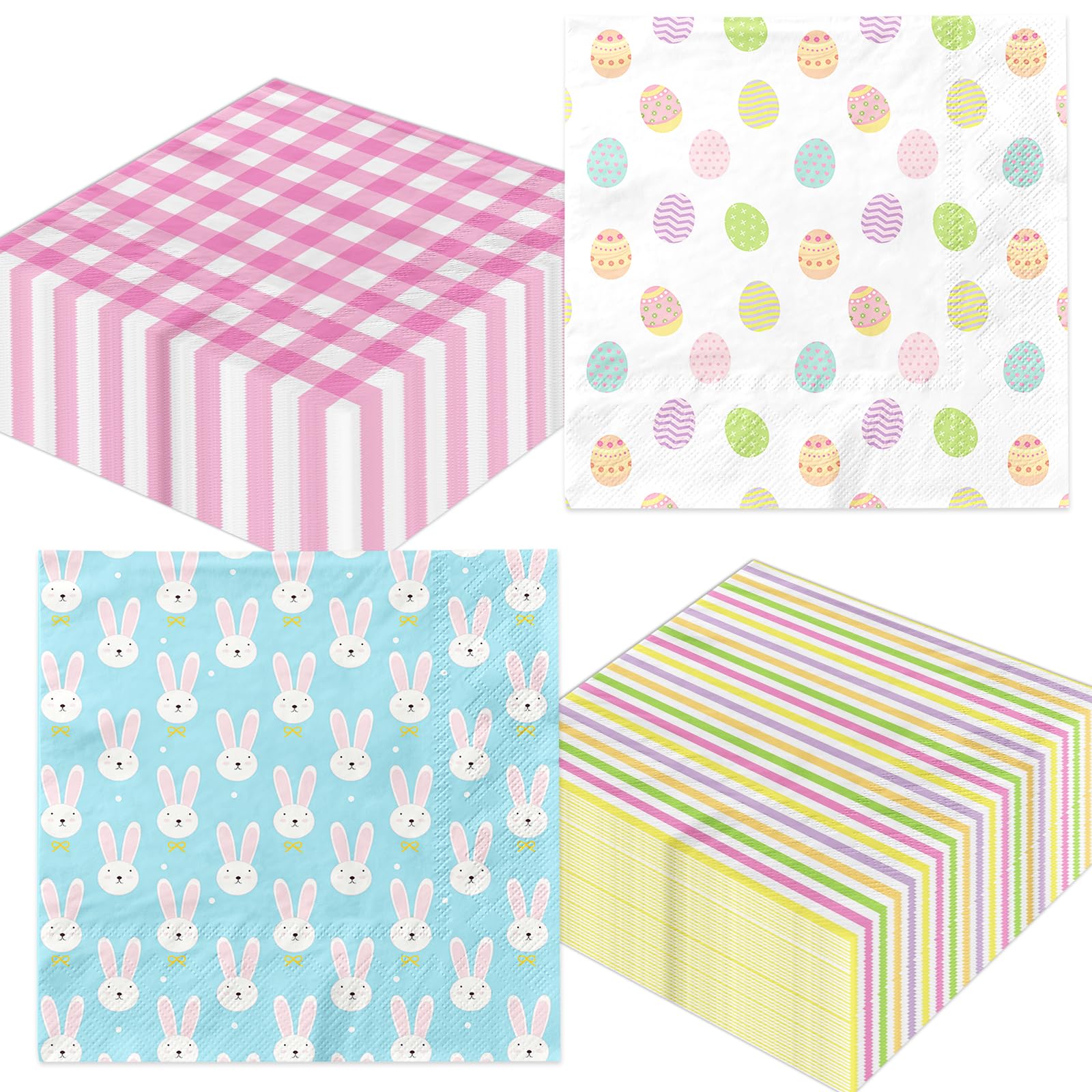 YTGUVBK Easter Party Napkins, 40pcs, Pink, White, Green, Yellow, Paper, 3-Ply, 13x13 inches, Disposable, Easter Eggs Rabbit Design, Suitable for