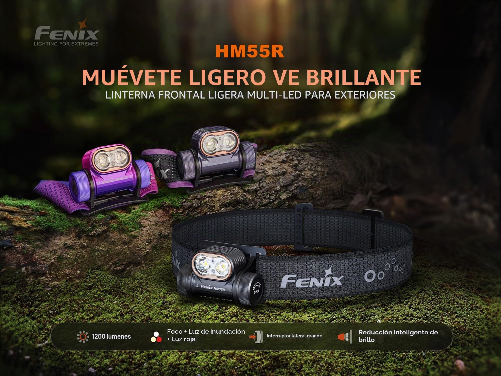 Fenix HM55R - Linterna frontal compacta recargable negra para exteriores, 1200 lúmenes, 175 m, más de 141 horas máximo, haz de luz blanca e inundación, haz rojo de 5 lúmenes, funcionamiento con un