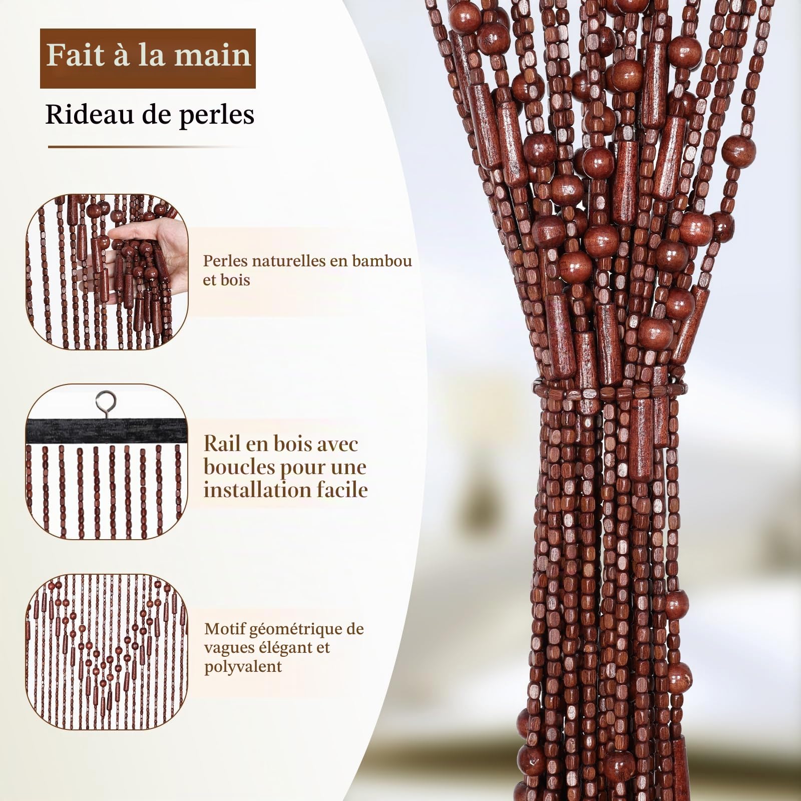 Rideau de Perles Fait à la Main pour Porte en Bois de Bambou, séparateur de pièce à Suspendre, Rideau Hippie pour Couloir, fenêtre, décoration de Maison, Magasin, 90 x 190 cm, Marron