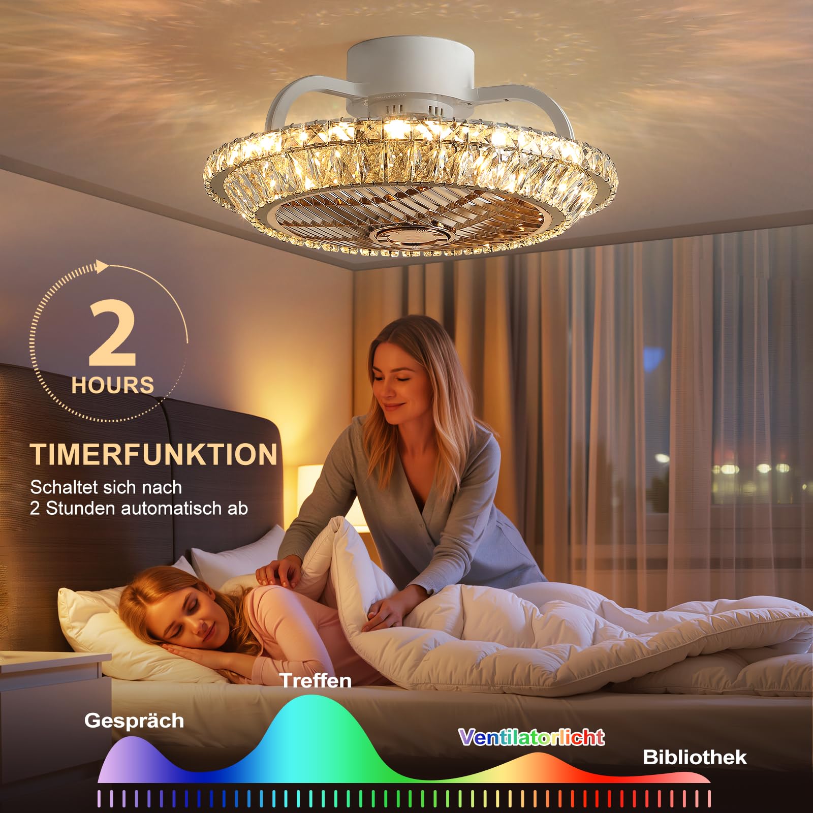 LED Deckenventilator mit Beleuchtung, Leise Kristall Ventilator Kronleuchte mit Fernbedienung Dimmbar Timing Fan Deckenleuchte,72W Moderne Fan Deckenlampe mit Flügelrad, 360°-Umluftleitrad