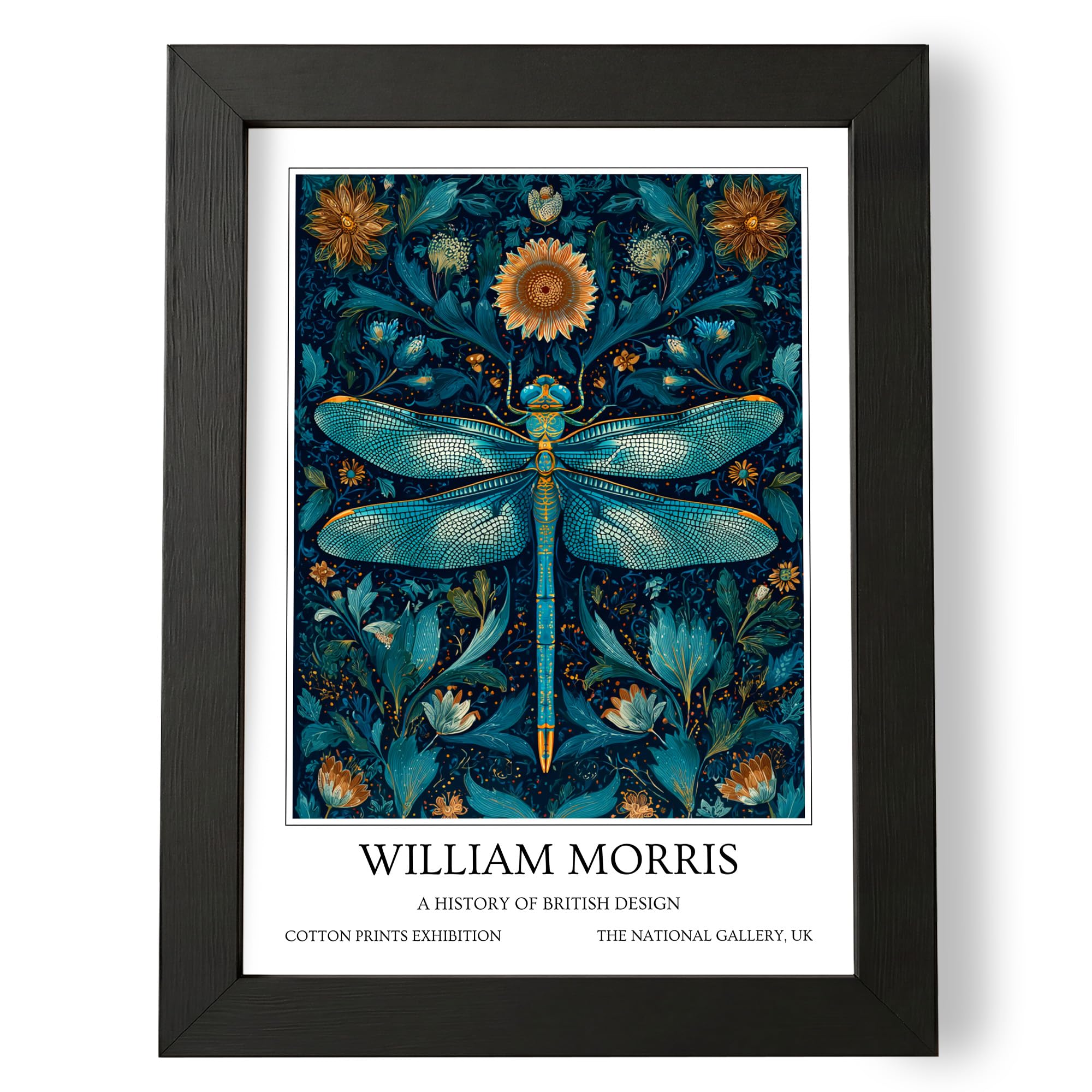 Fans Favourites William Morris - Vintage Art Noevua British Prints, Botanical Wall Art, A History of British Design Collection (Blue Dragonfly, A5, Framed)