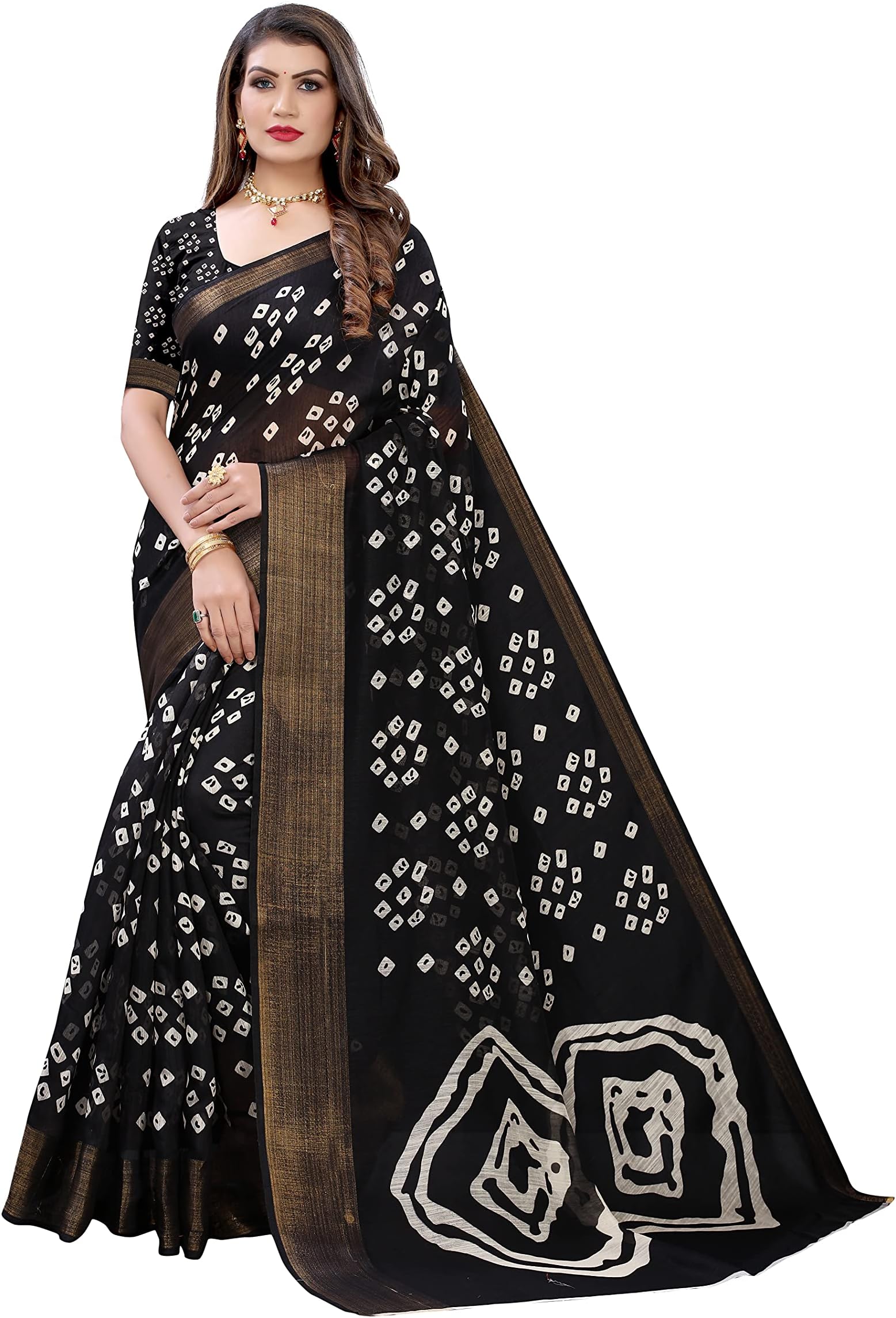 PeegliIndian Women's Bandhej Saree Linen Sari With Blouse Piece