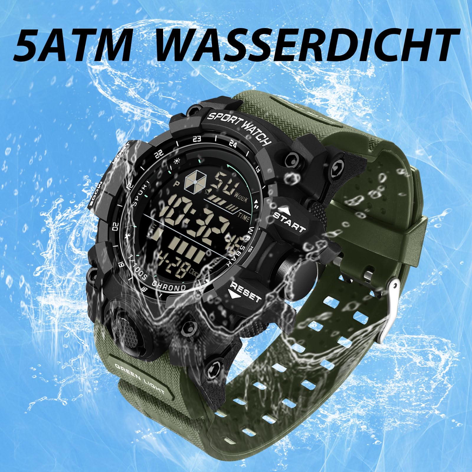 findtime Reloj de pulsera digital para hombre, resistente al agua, 5 ATM, resistente al agua, táctico, resistente con fecha, alarma, luz nocturna, resistente a los golpes