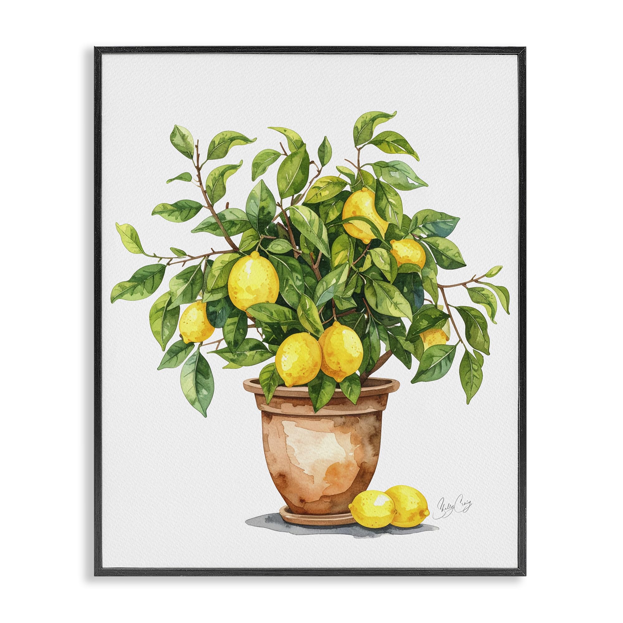Stupell Industries Midnight Black (Textured) Potted Lemon Tree Botanical, 16 X 20 Inch Framed Giclée Print
