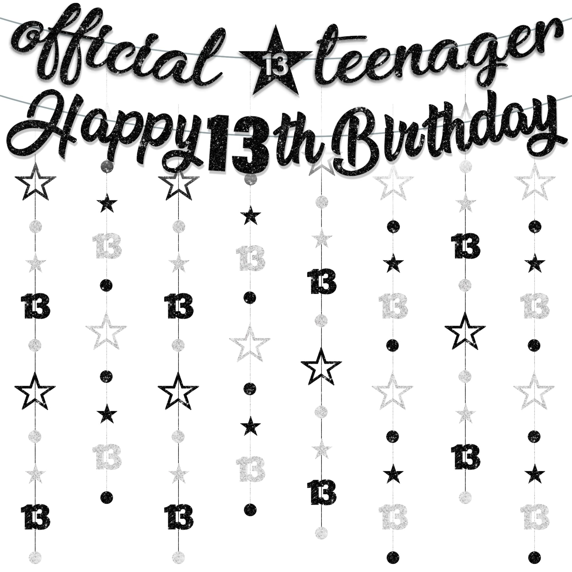 13th Birthday Decorations Banner Boys - 10 Pcs Pre-Strung Official Teenager Banner Glitter Star Garland Twinkle Hanging Streamer Bunting For Girls 13 Years Old Party Backdrop Decor(Black)