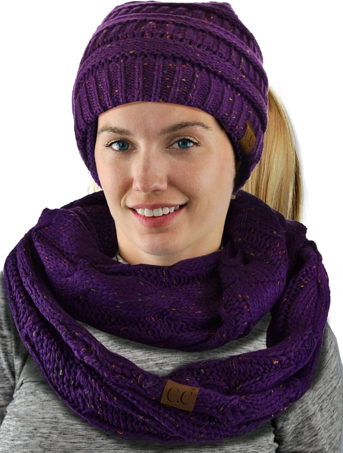 C.C Colorful Confetti BeanieTail Messy High Bun Cable Knit Beanie and Infinity Loop Scarf Set