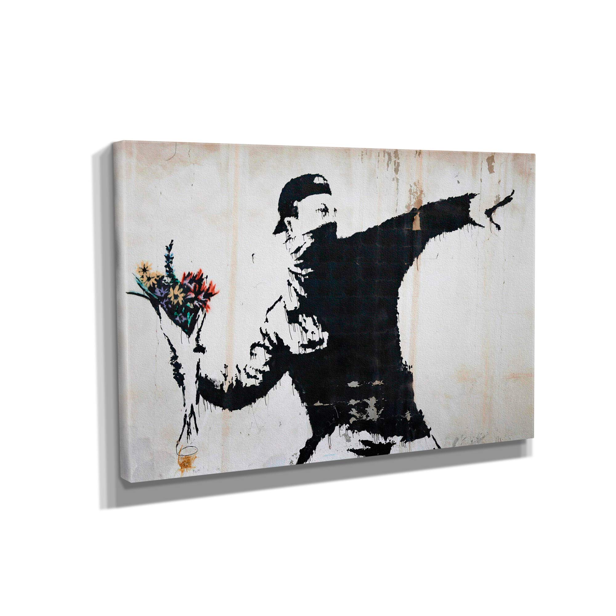 BANKSY - Flower Thrower - Canvas Wall Art Framed Print - Various Sizes (36L" x 24W")