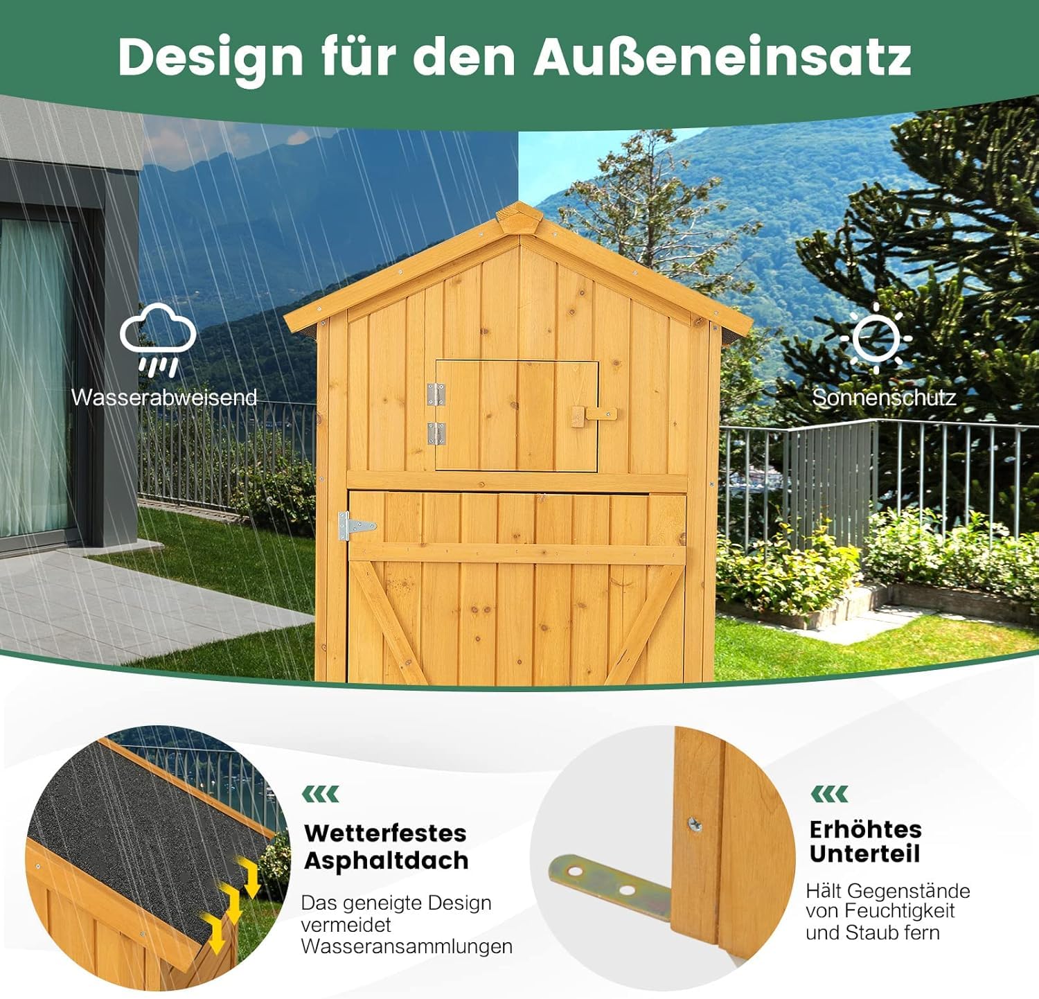 FANTASK Armadio da giardino in legno con tavolo e porta pieghevoli, resistente alle intemperie, capanno degli attrezzi con 8 ganci, capannone in legno con tetto a capanna per attrezzi da giardino