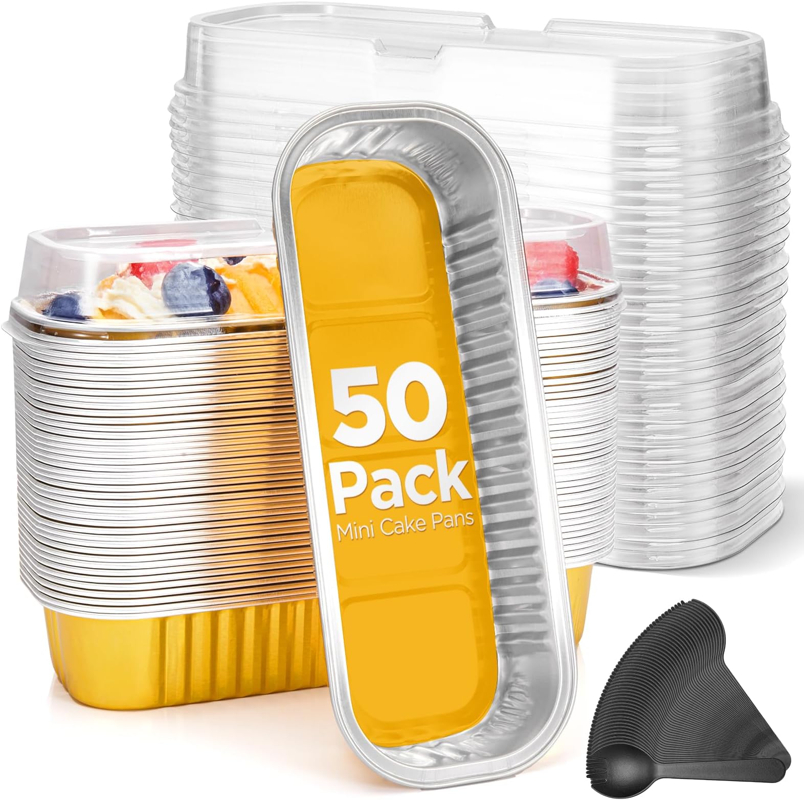 Mini Cake Pans 50 Packs with Lids and Spoons,Rectangle Aluminum Foil Loaf Baking Pans Tins Containers,Cupcake Containers Wrappers Cheesecake Creme Brulee Ramekins-6.8 Oz (Gold, 50 Packs)